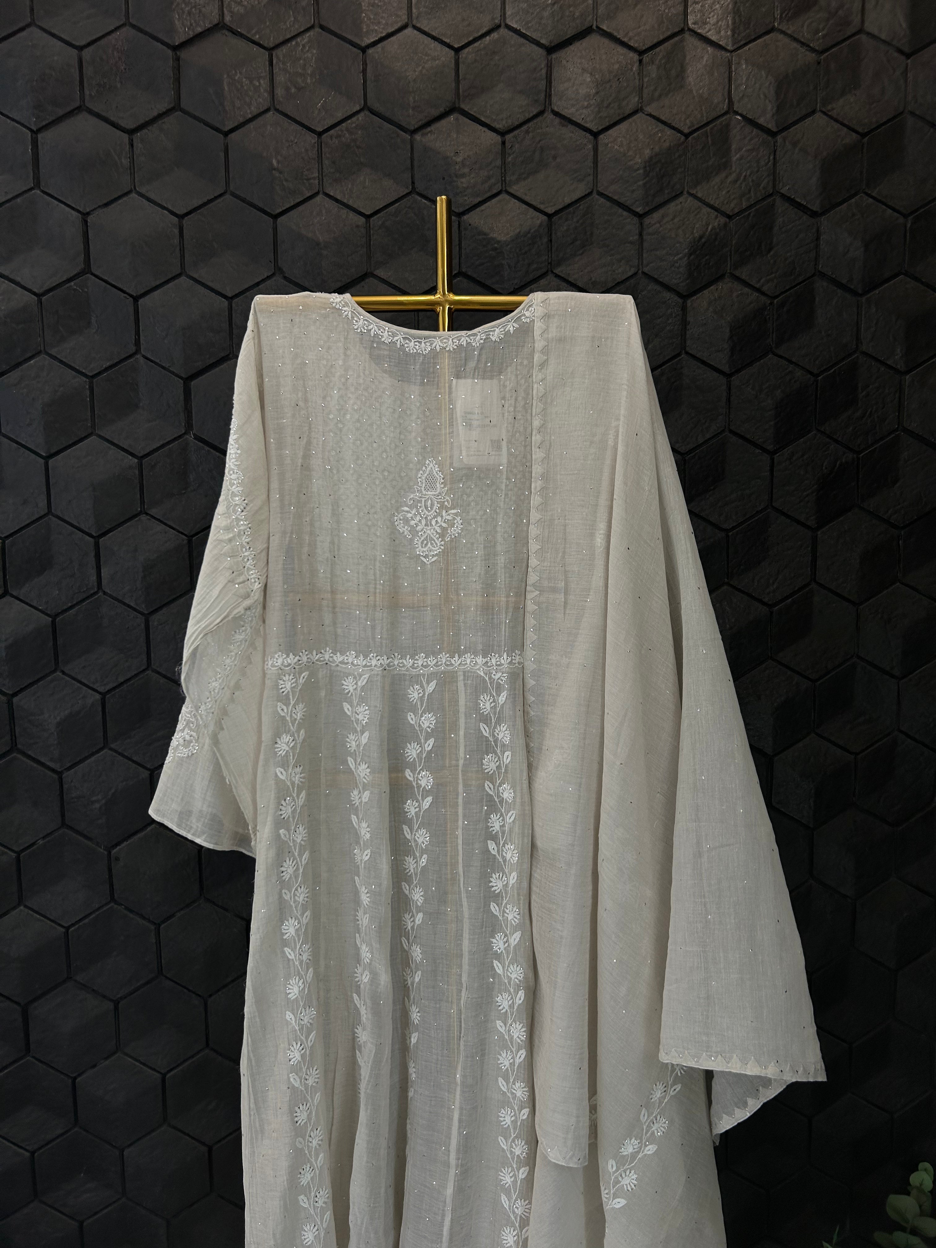 Silver Tissue Chikankari Angarkha Kurta Set