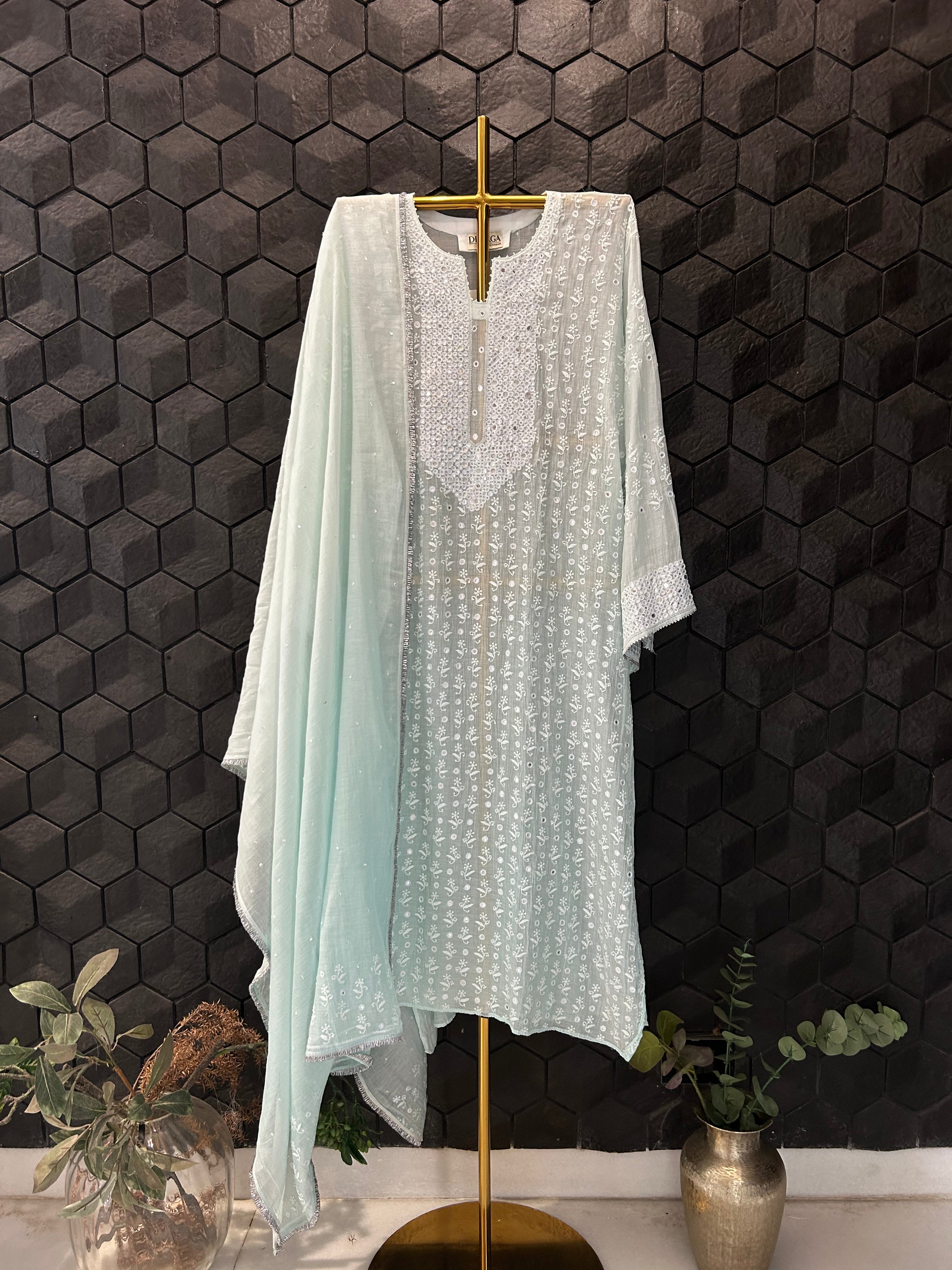 Sea Green Mul Chanderi Chikankari Kurta Set