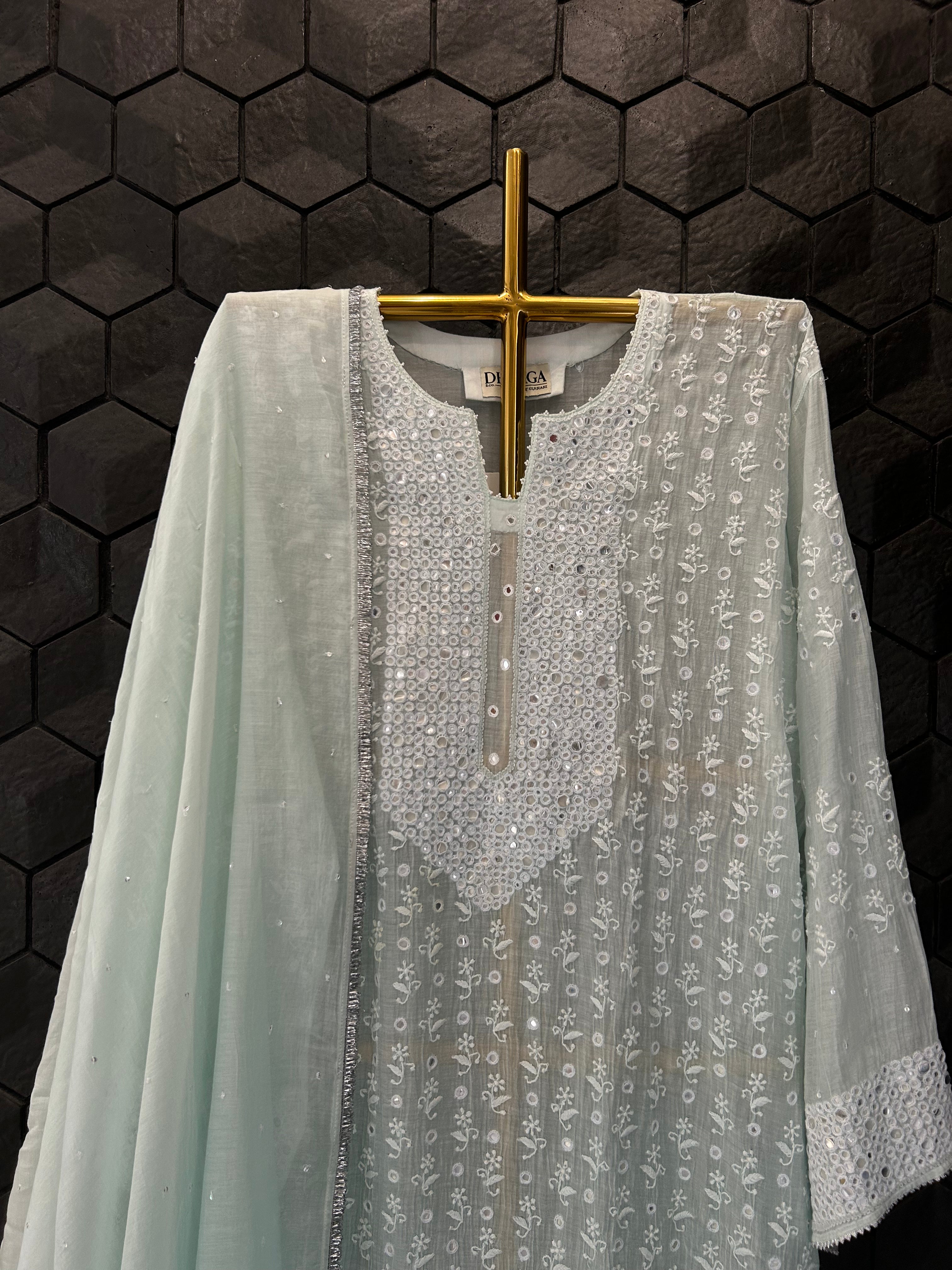 Sea Green Mul Chanderi Chikankari Kurta Set