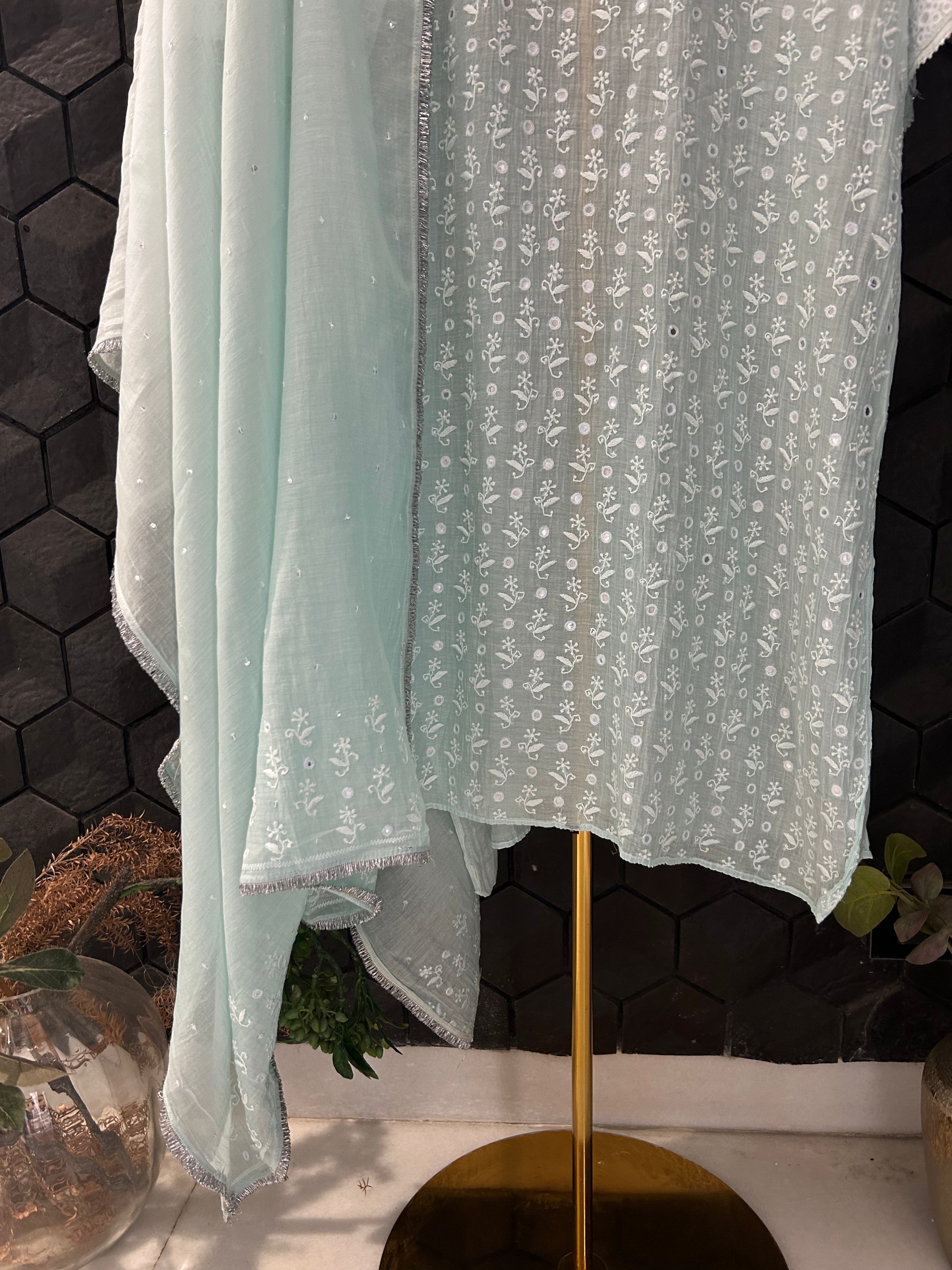 Sea Green Mul Chanderi Chikankari Kurta Set