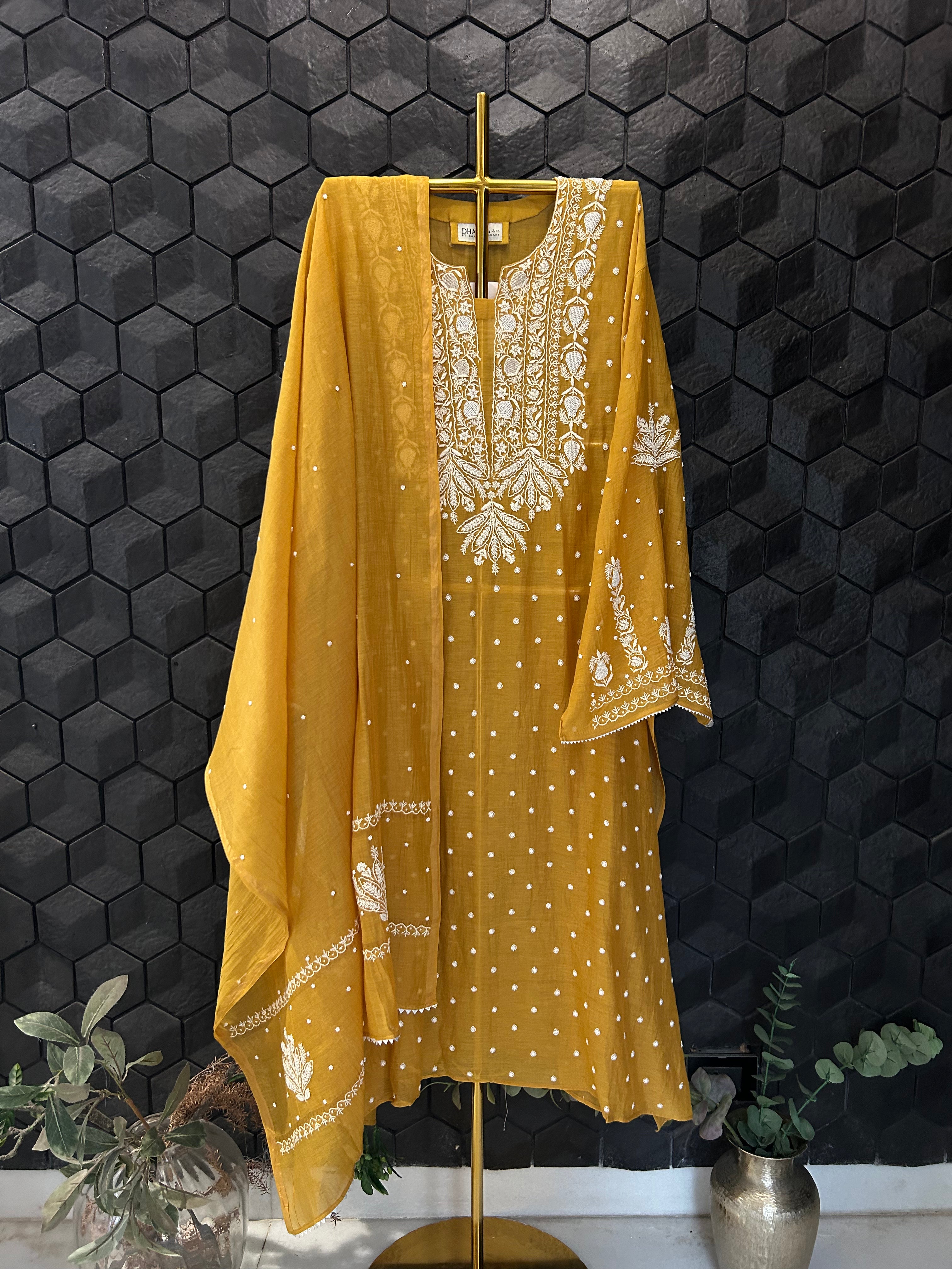 Mustard Mul Chanderi Chikankari Kurta Set