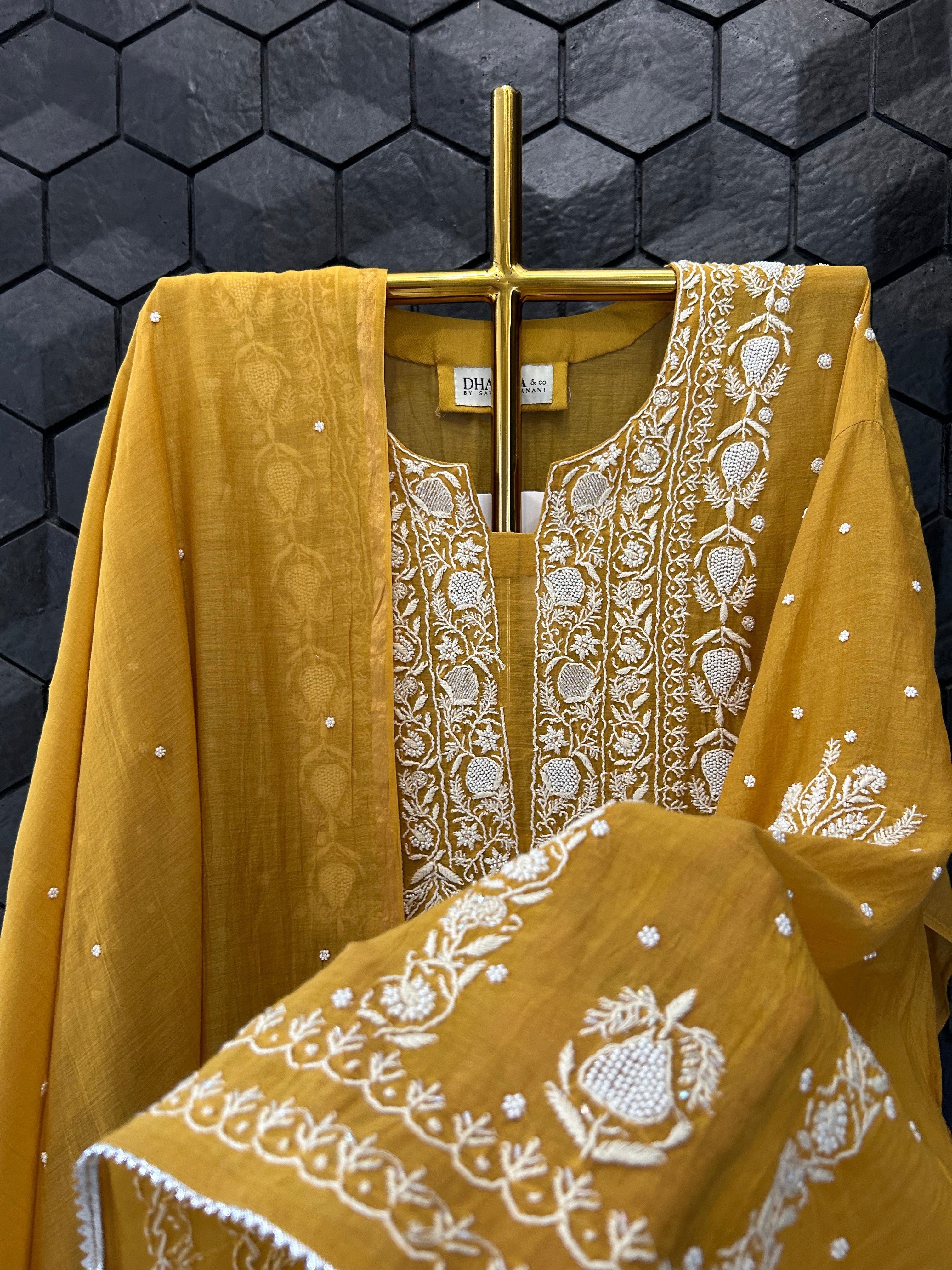 Mustard Mul Chanderi Chikankari Kurta Set