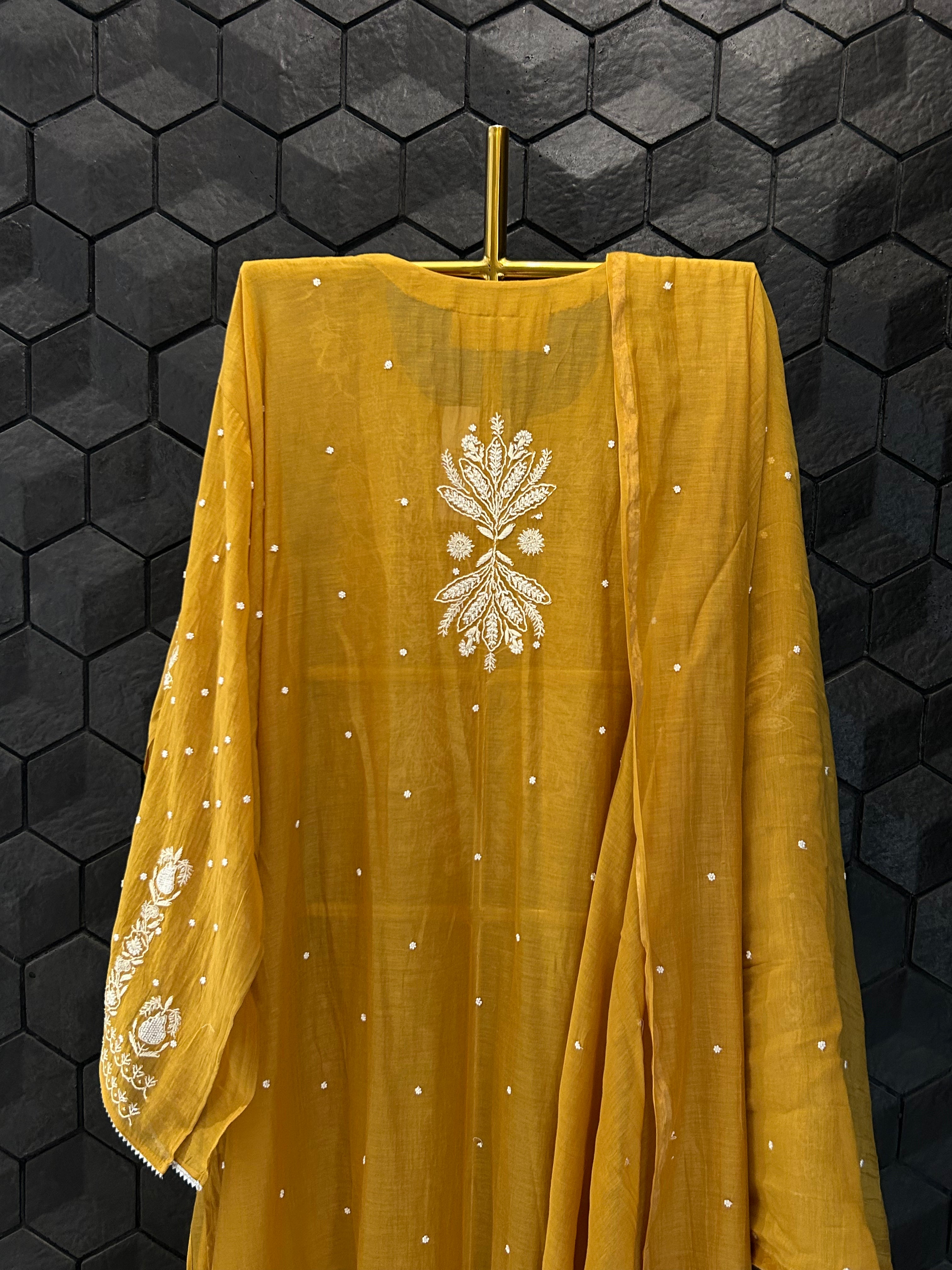 Mustard Mul Chanderi Chikankari Kurta Set