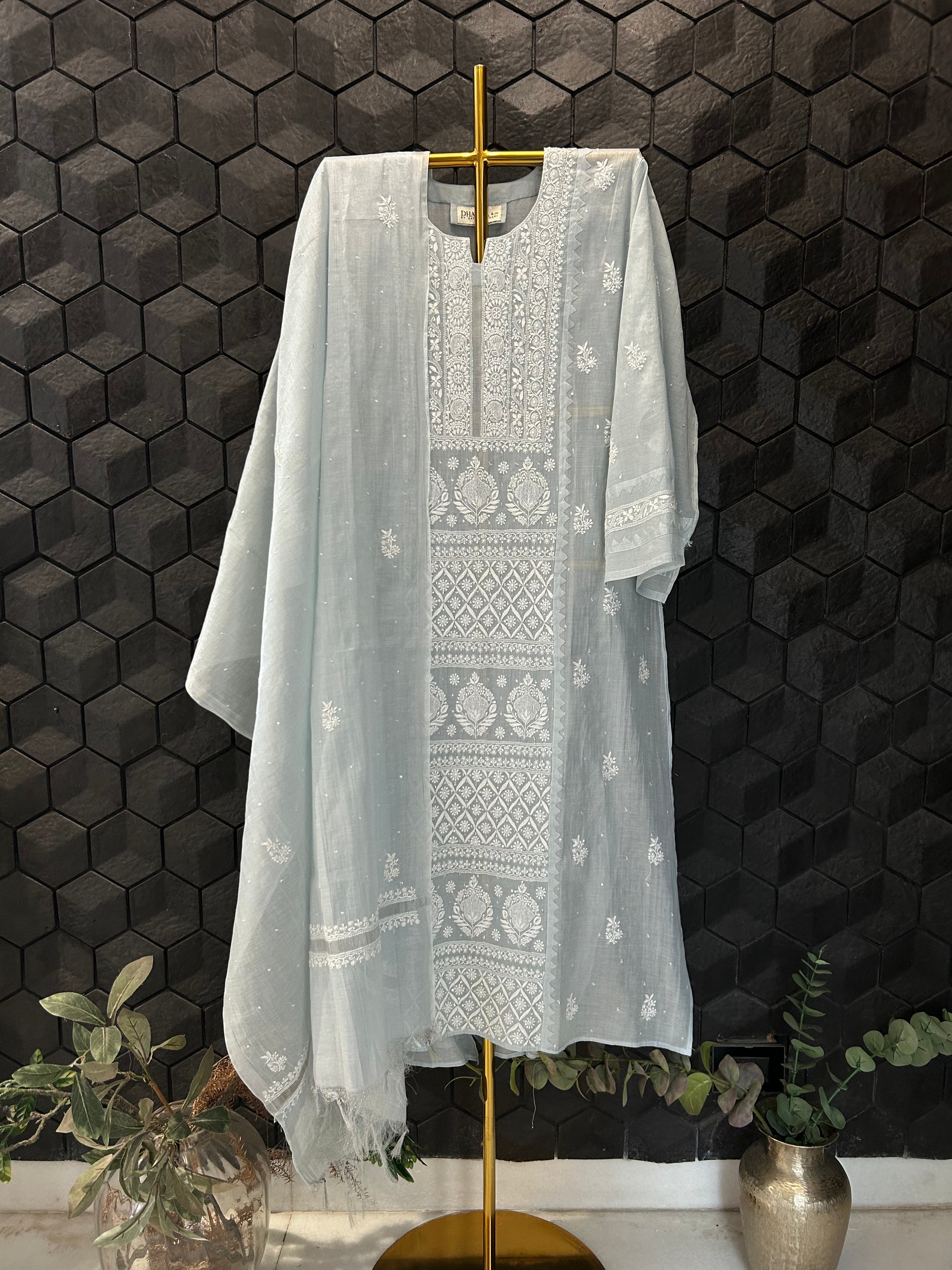 Sky blue Golden Tissue  Chikankari Kurta Set