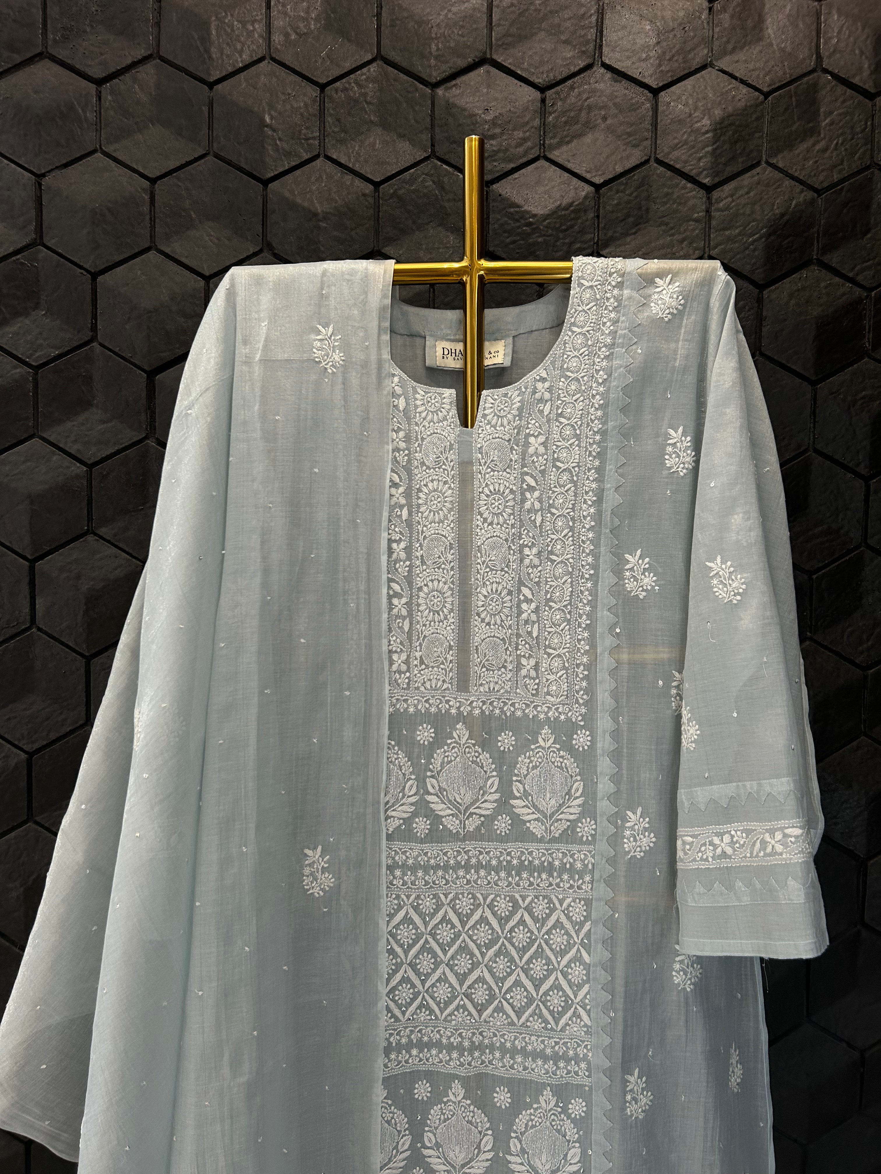 Sky blue Golden Tissue  Chikankari Kurta Set