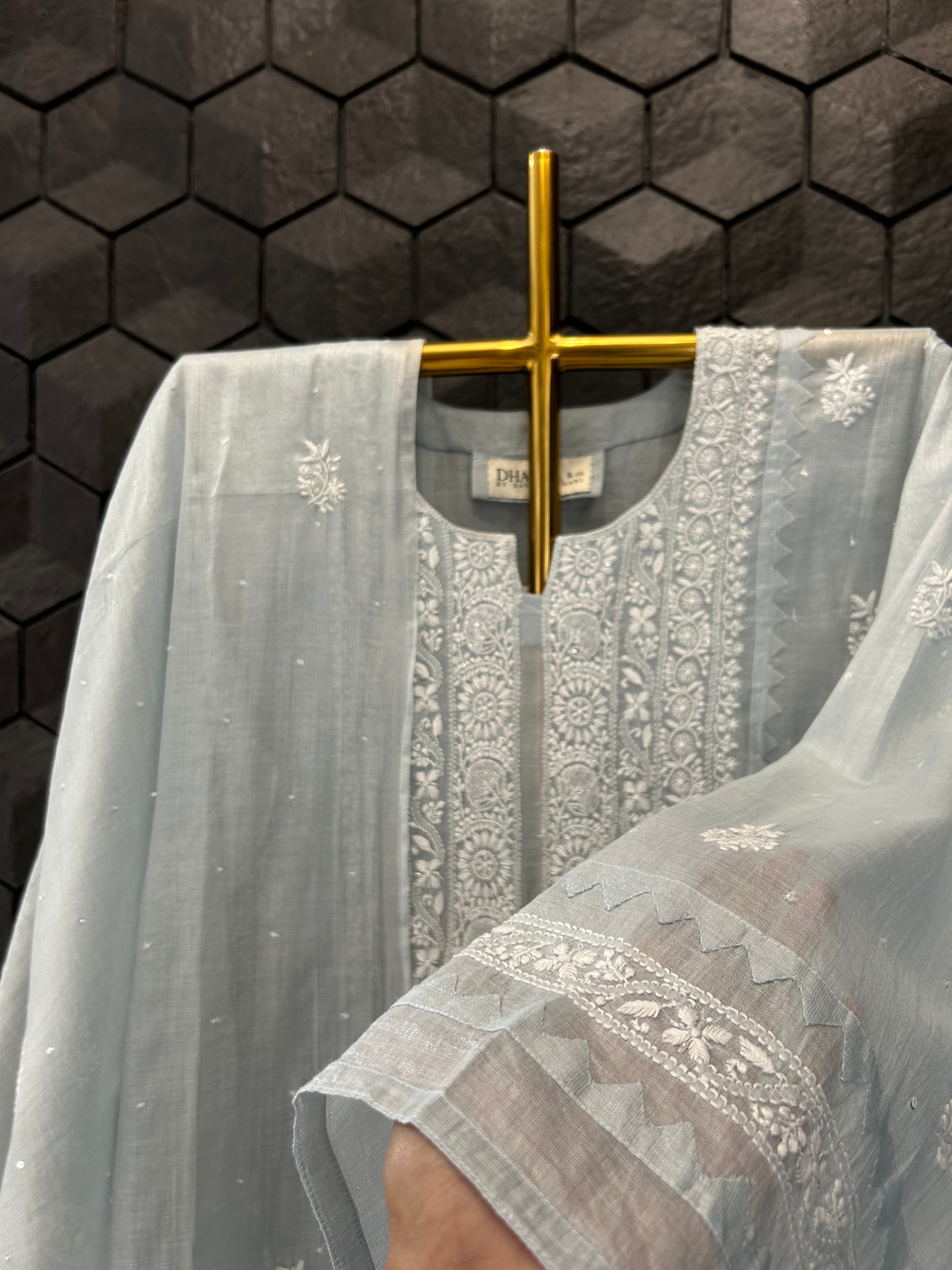 Sky blue Golden Tissue  Chikankari Kurta Set