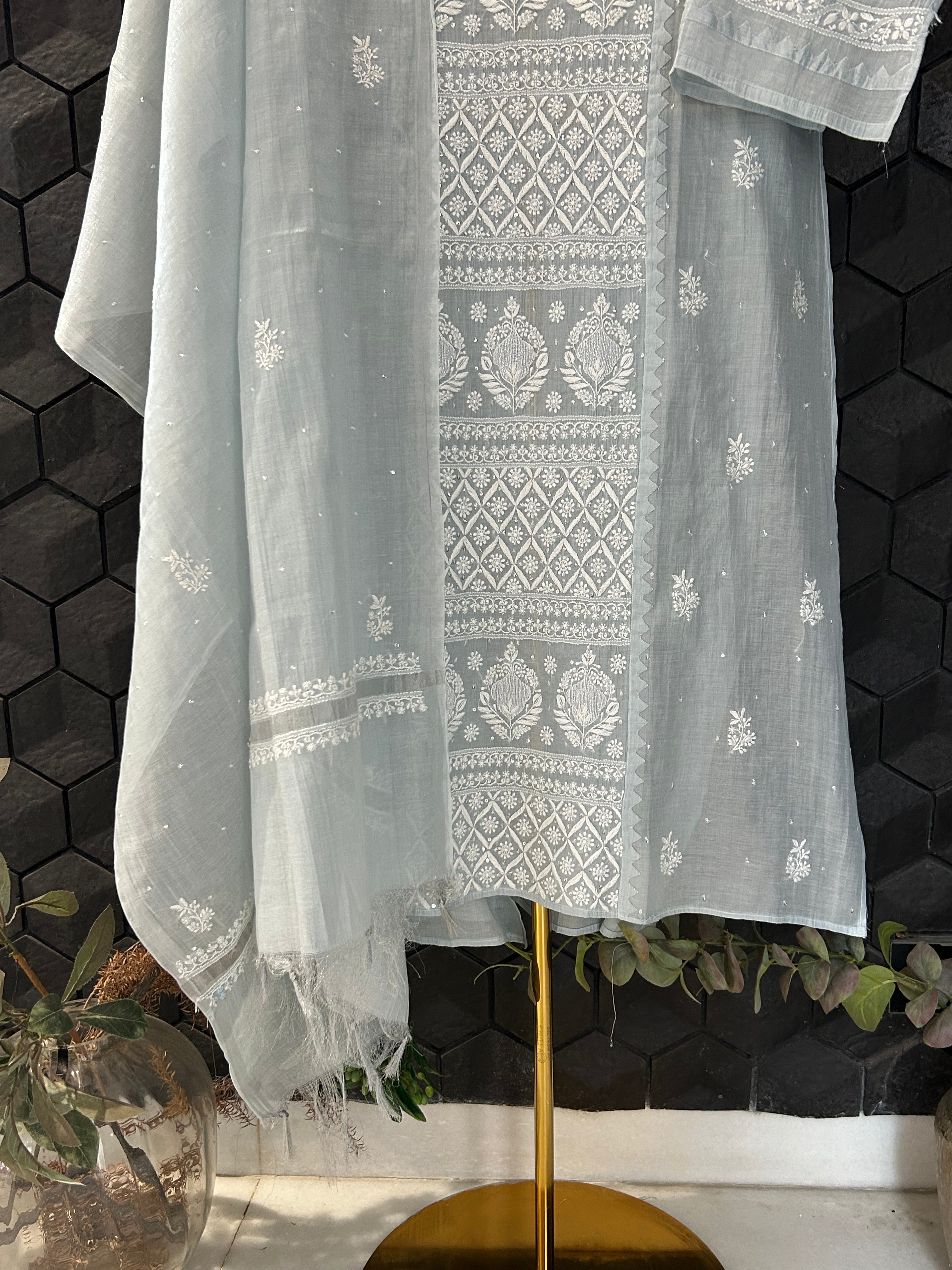 Sky blue Golden Tissue  Chikankari Kurta Set