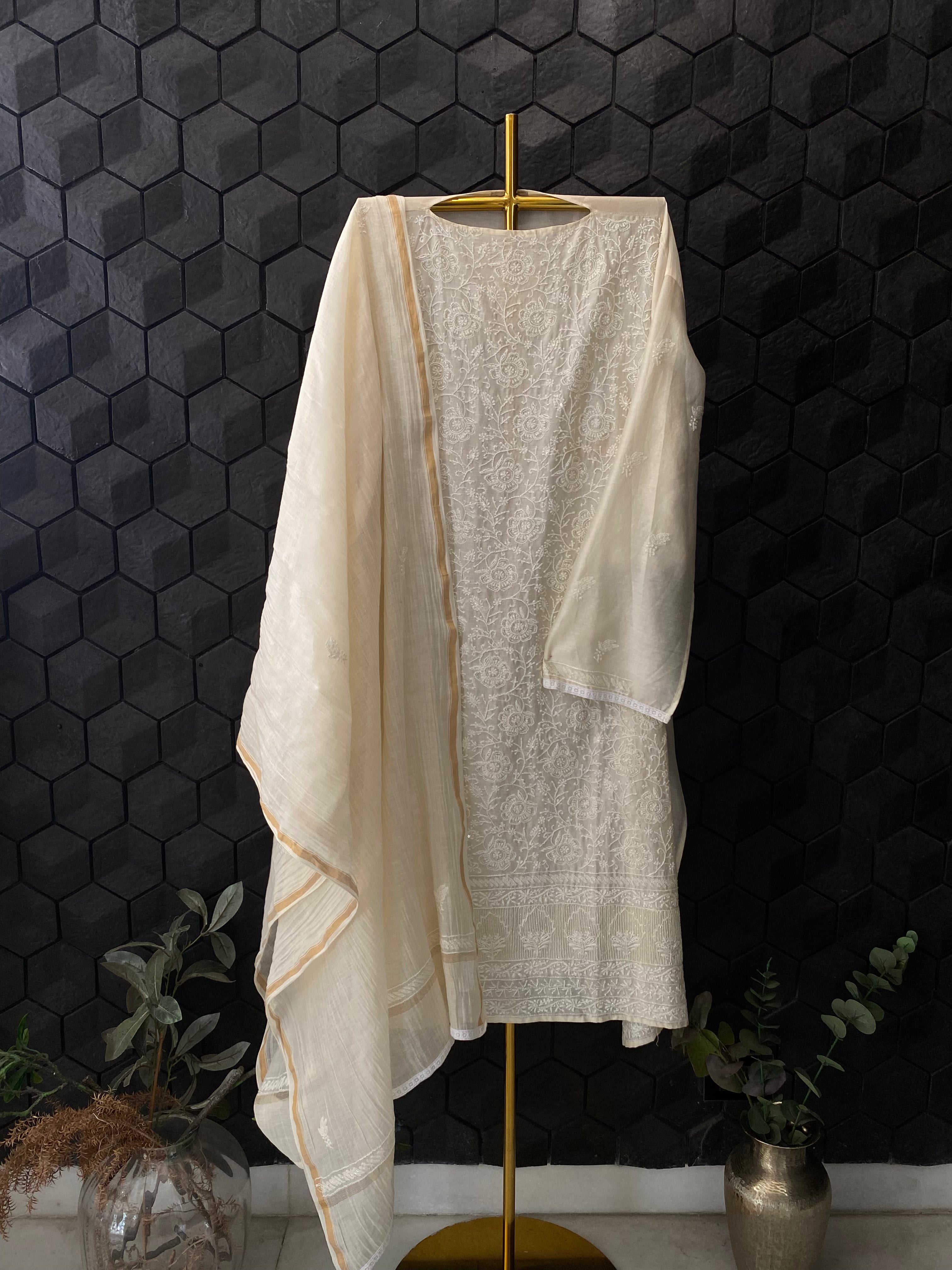 Soft beige chanderi straight kurta set