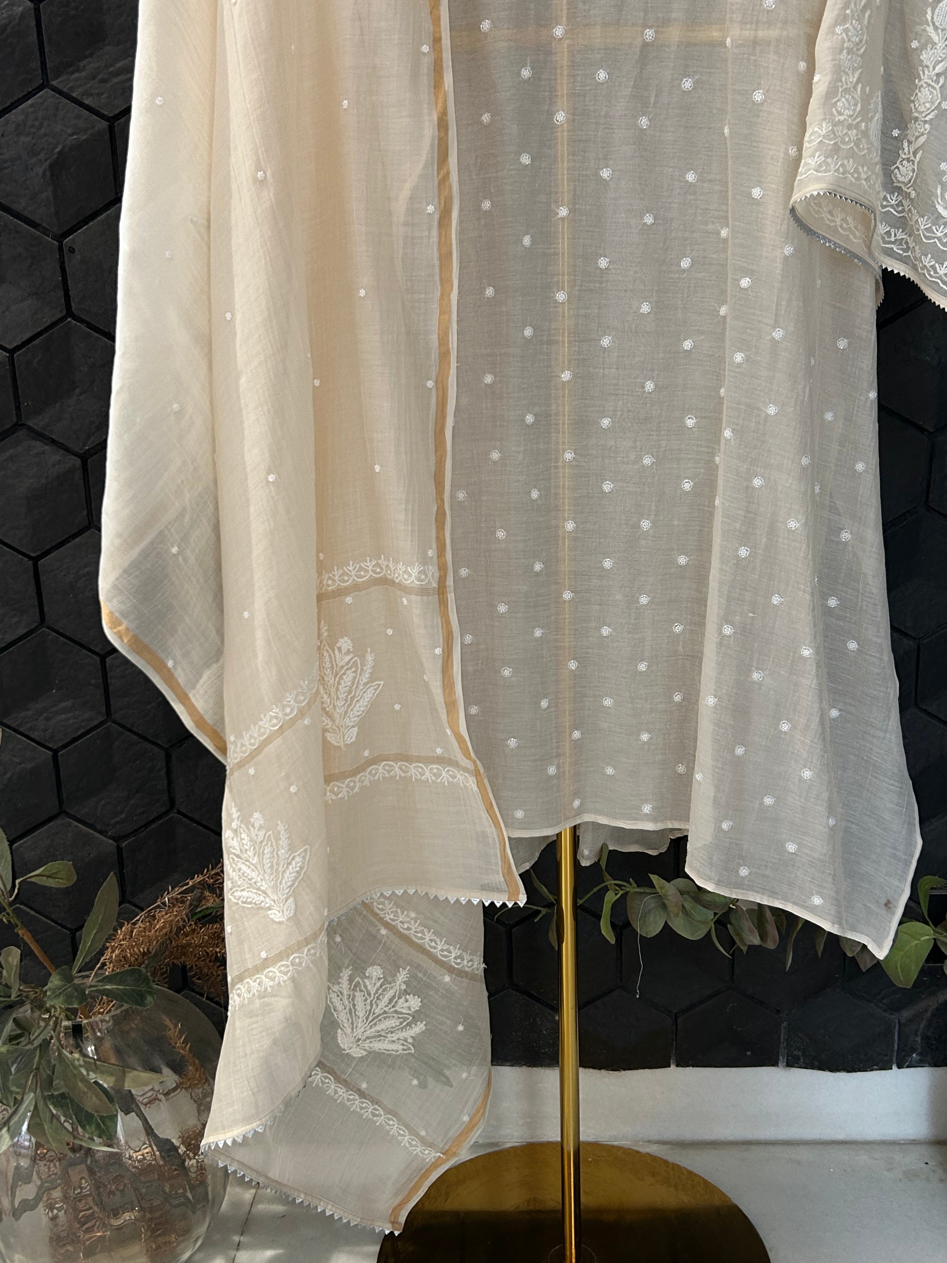 Beige Mul Chanderi Chikankari kurta Set