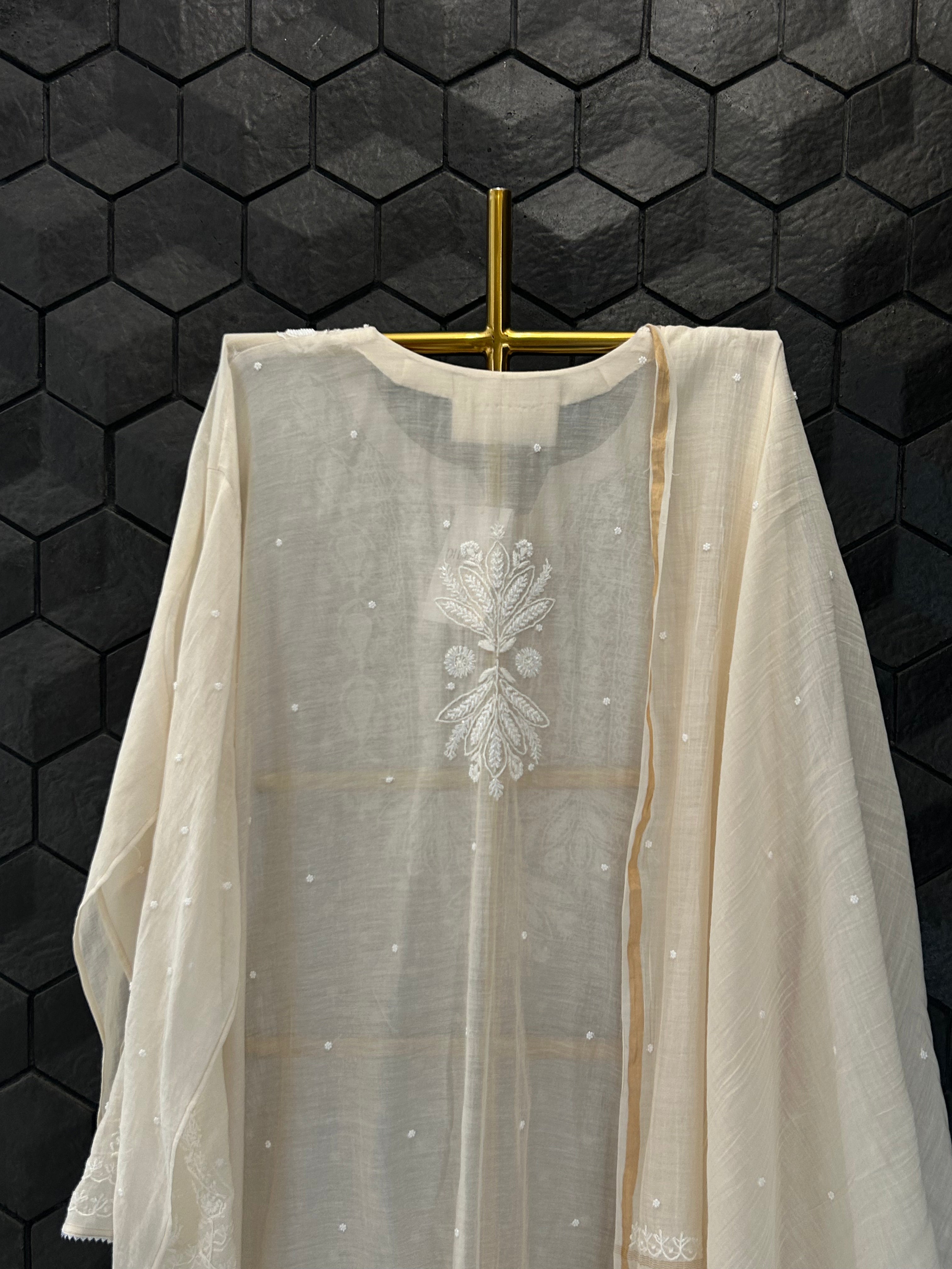 Beige Mul Chanderi Chikankari kurta Set