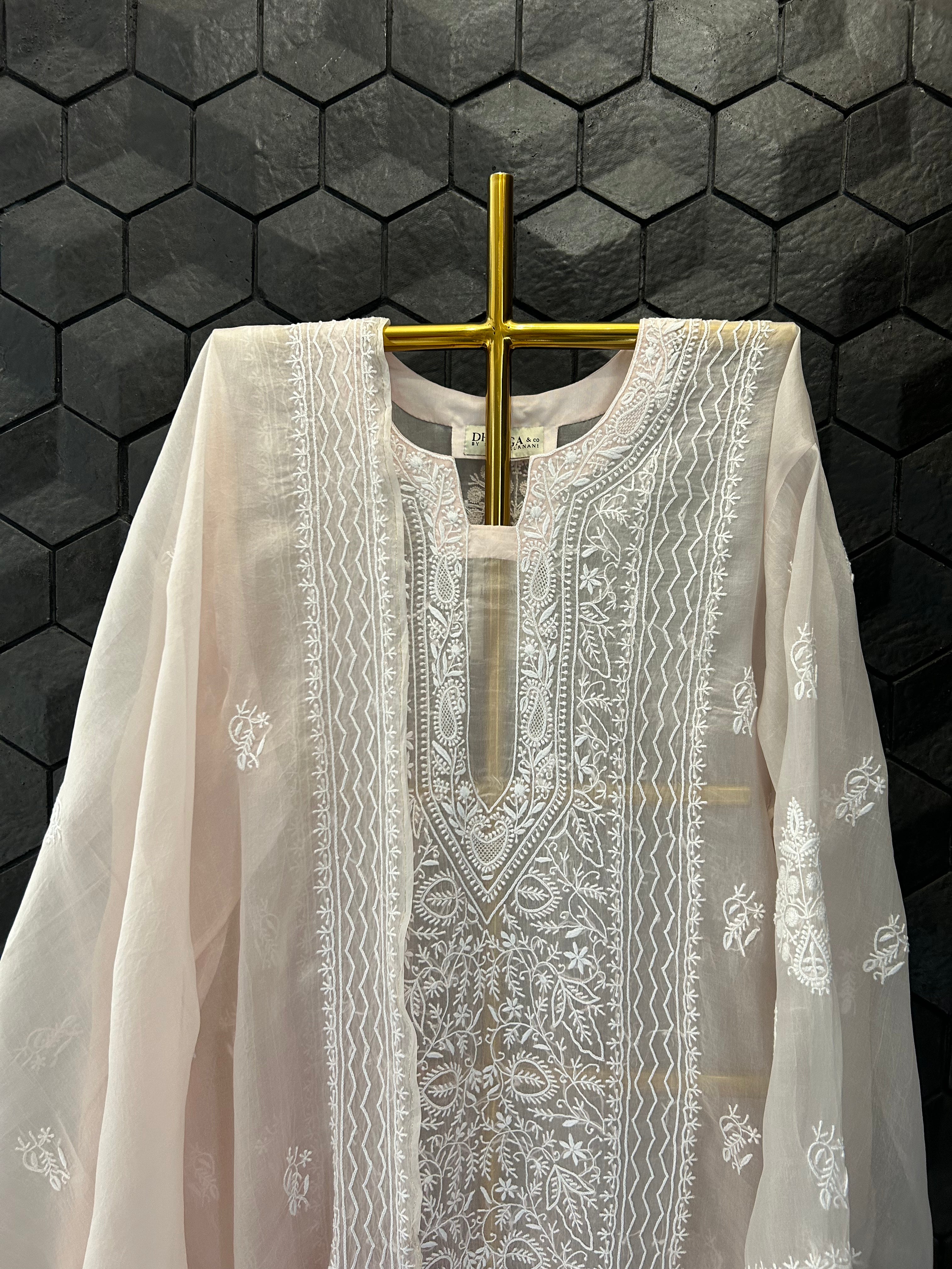 Pink Organza Chikankari Kurta Set