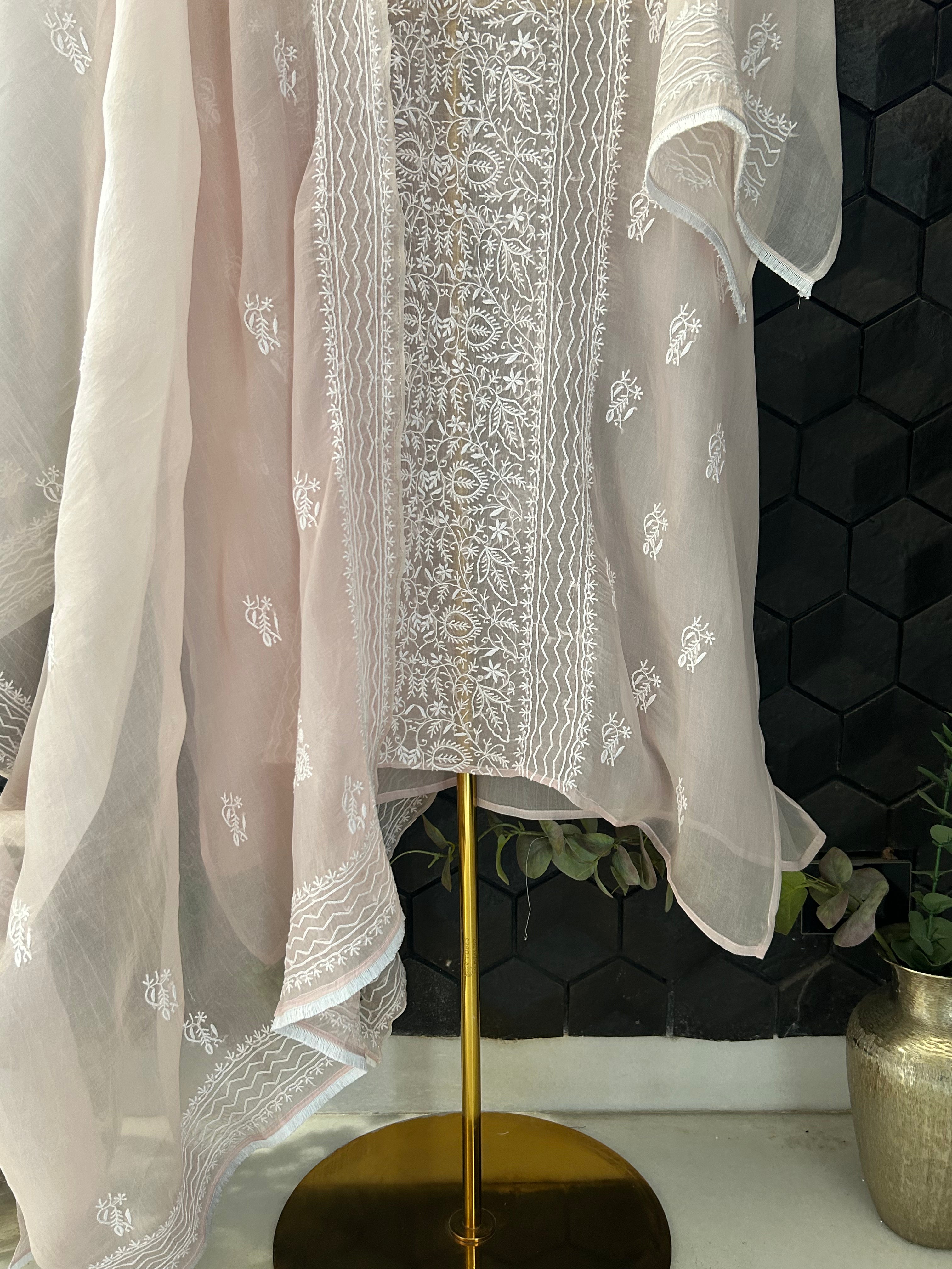 Pink Organza Chikankari Kurta Set