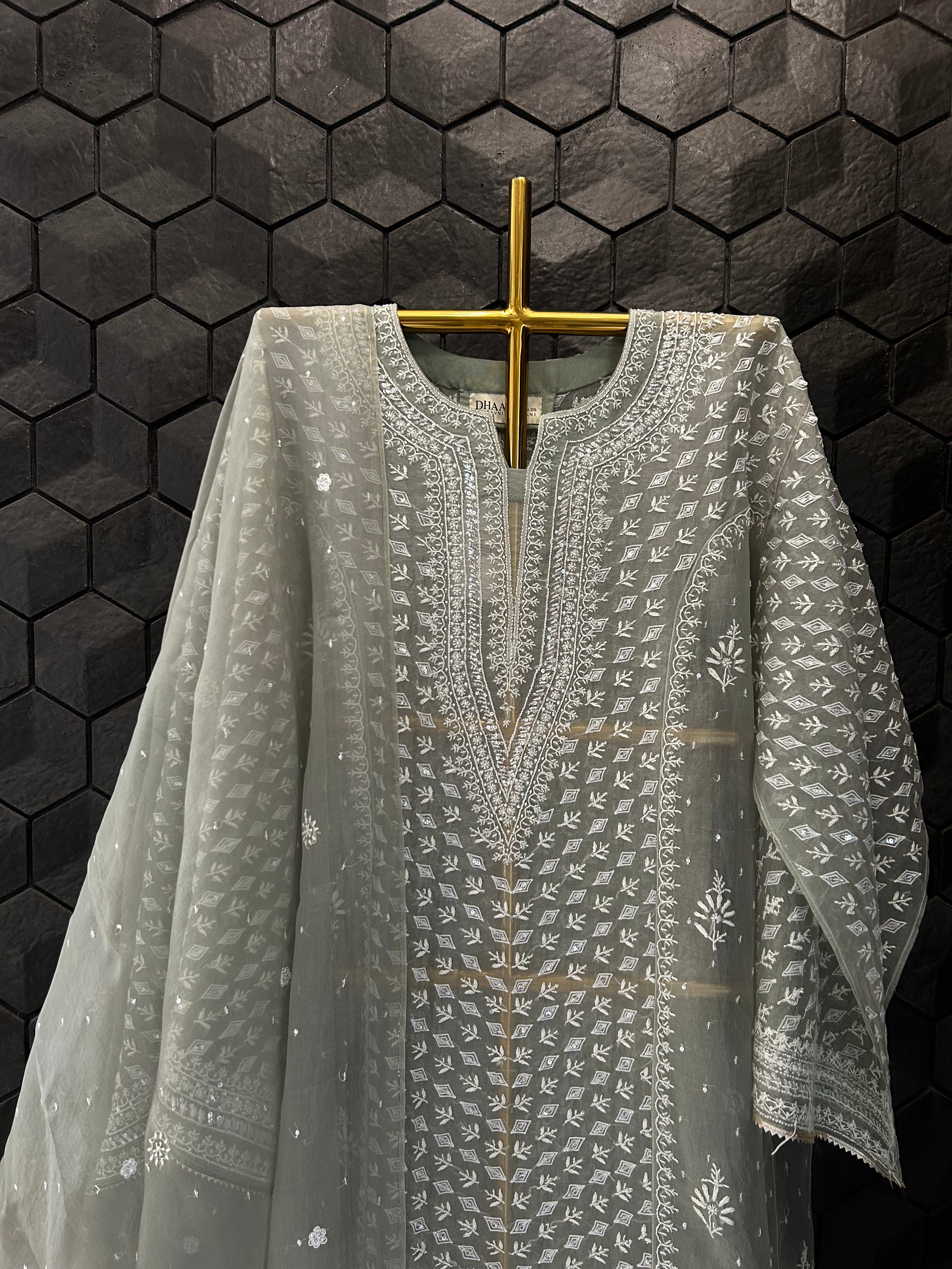 Green Organza Chikankari Kurta Set