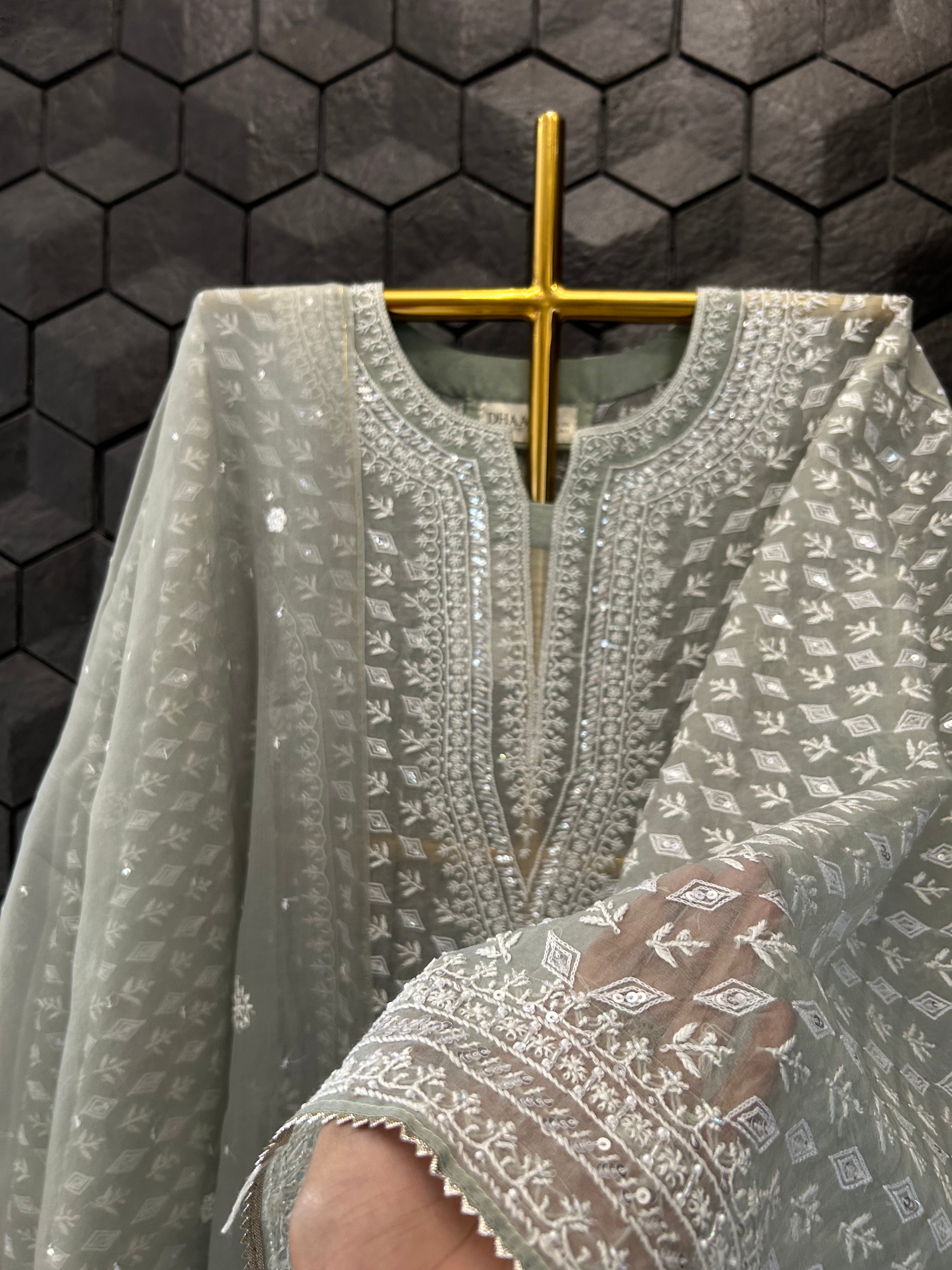 Green Organza Chikankari Kurta Set