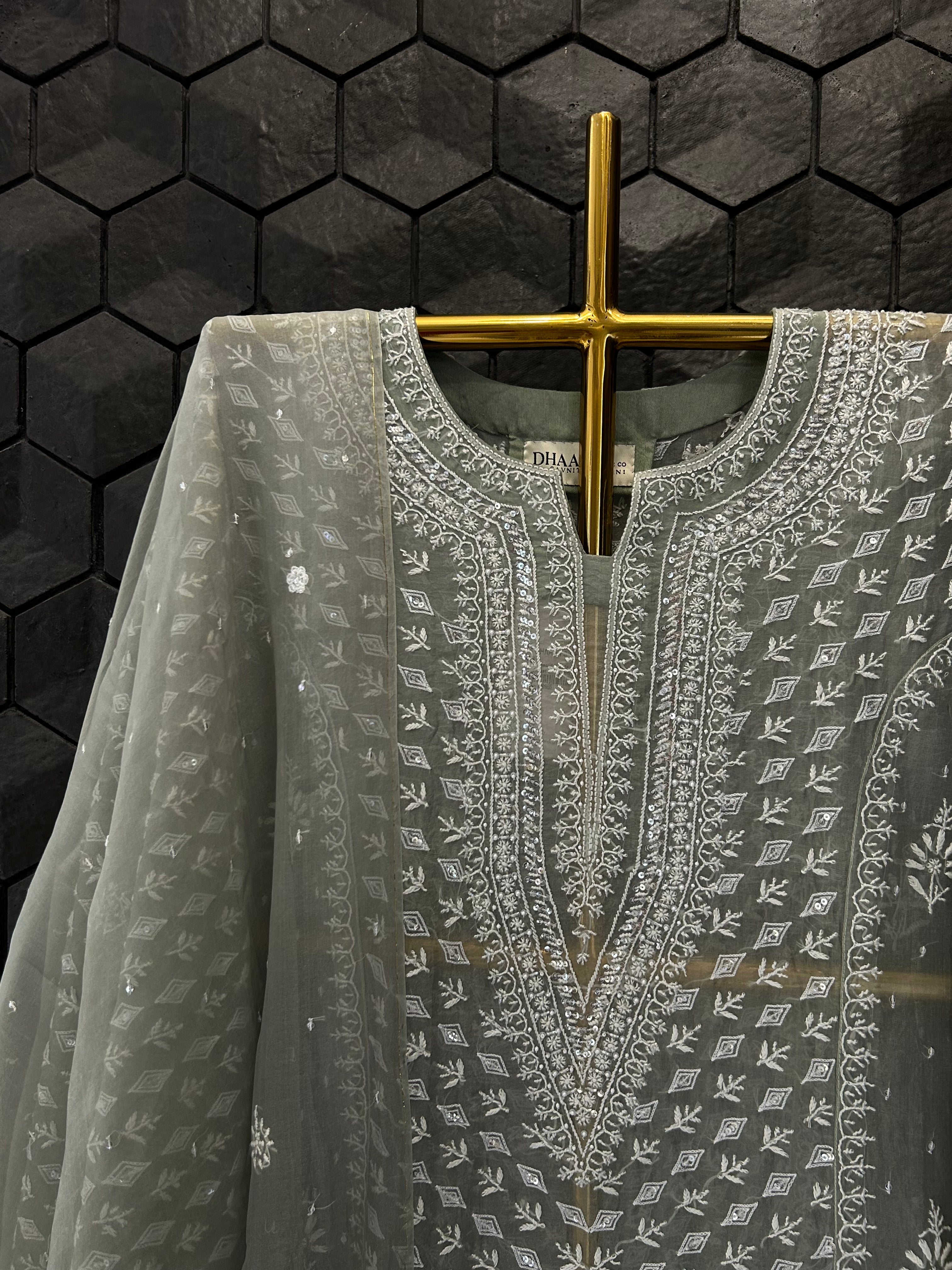 Green Organza Chikankari Kurta Set