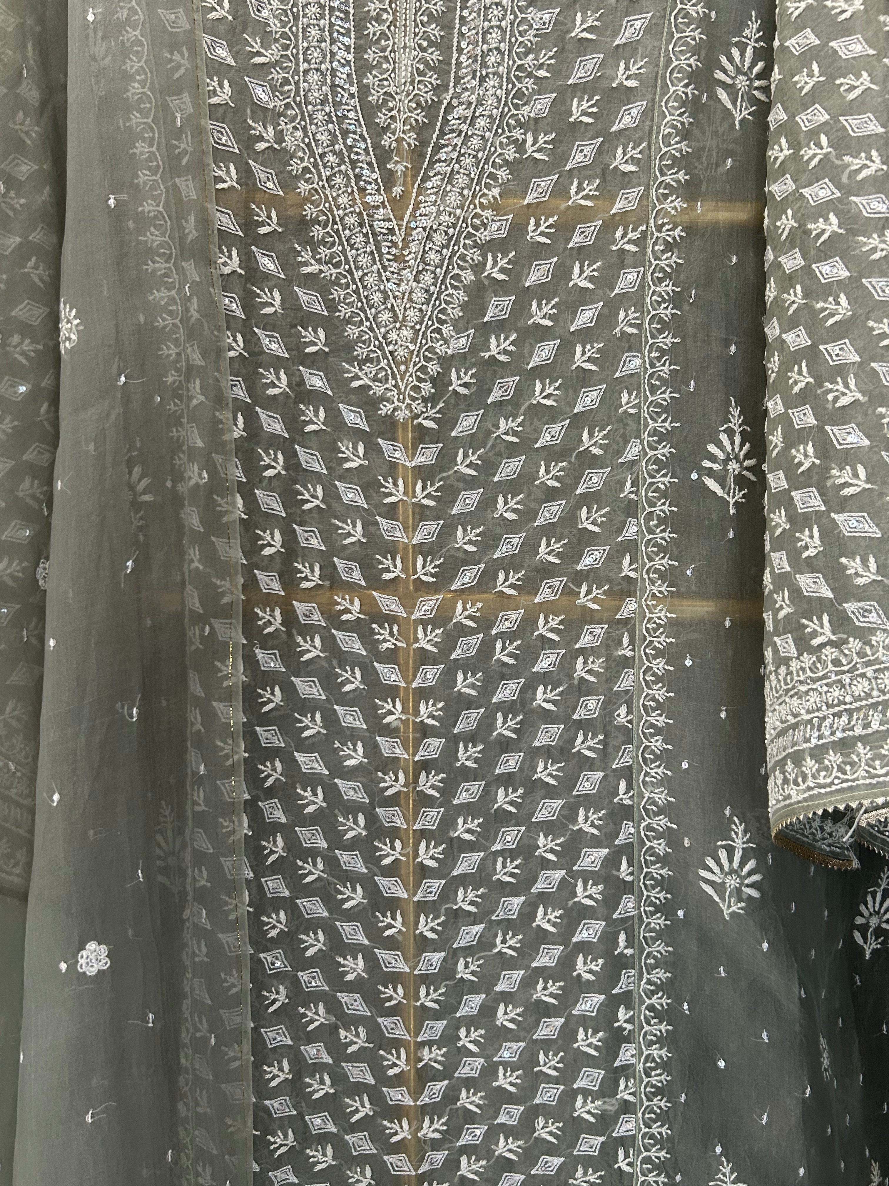 Green Organza Chikankari Kurta Set