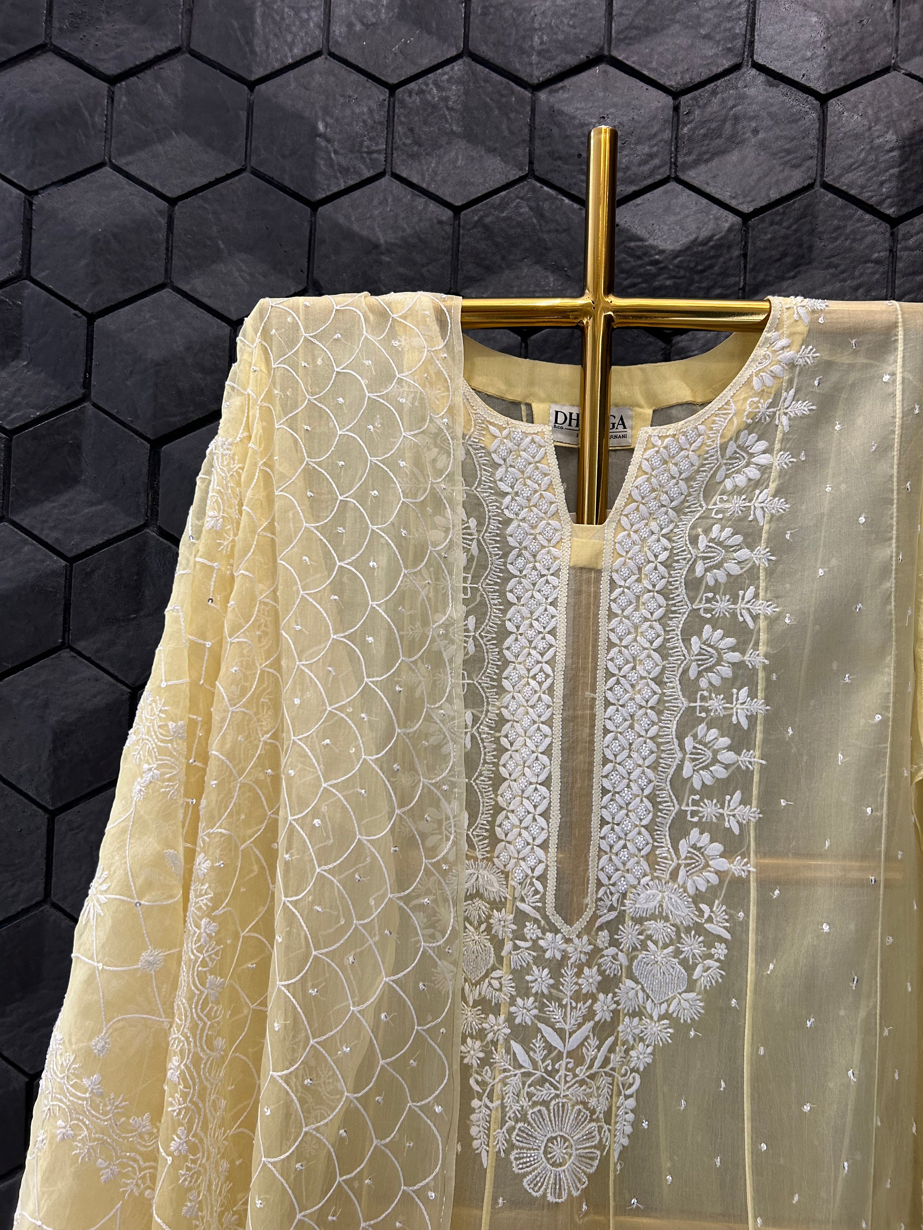 Yellow Organza Chikankari Anarkali Set