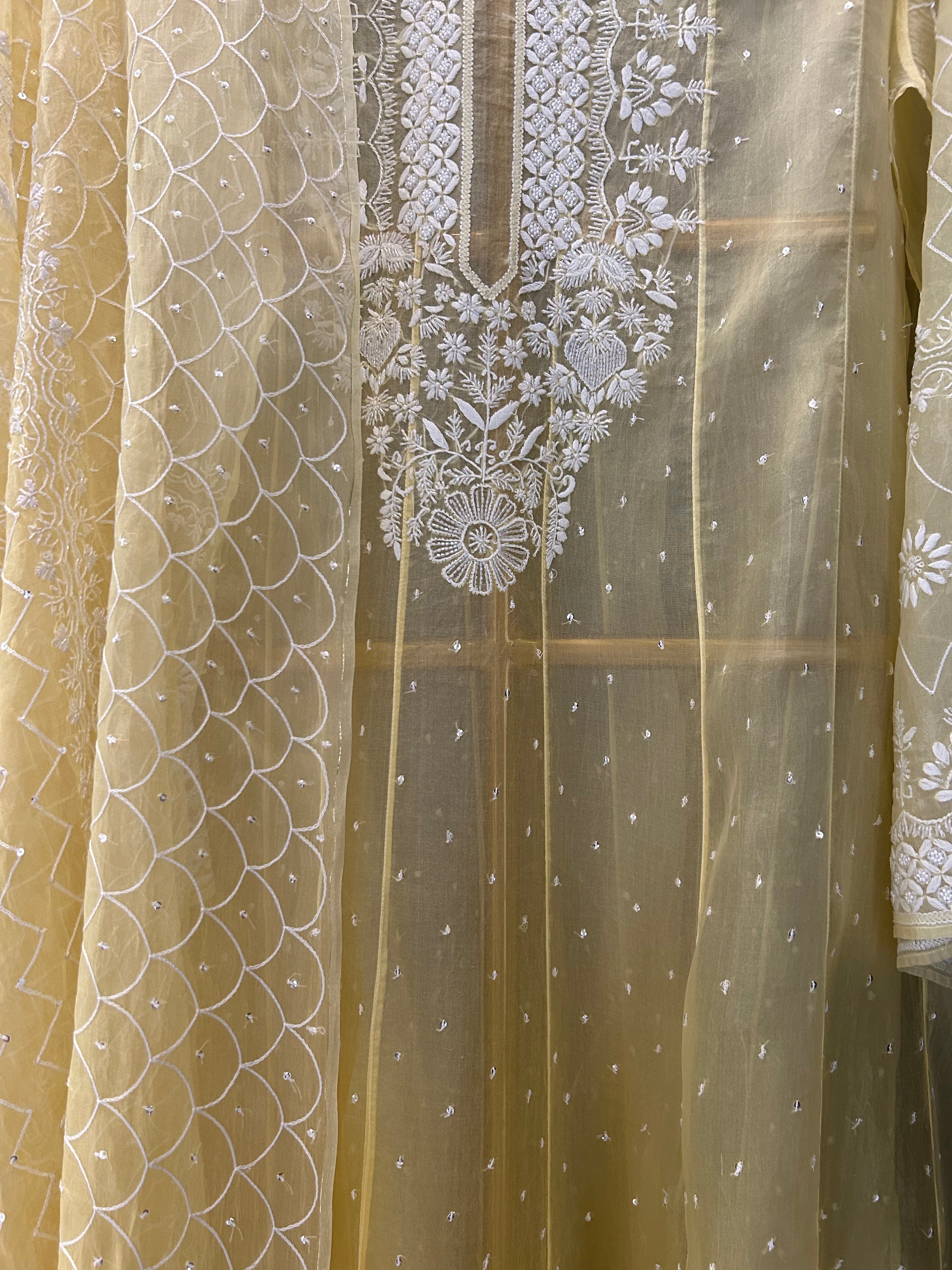 Yellow Organza Chikankari Anarkali Set