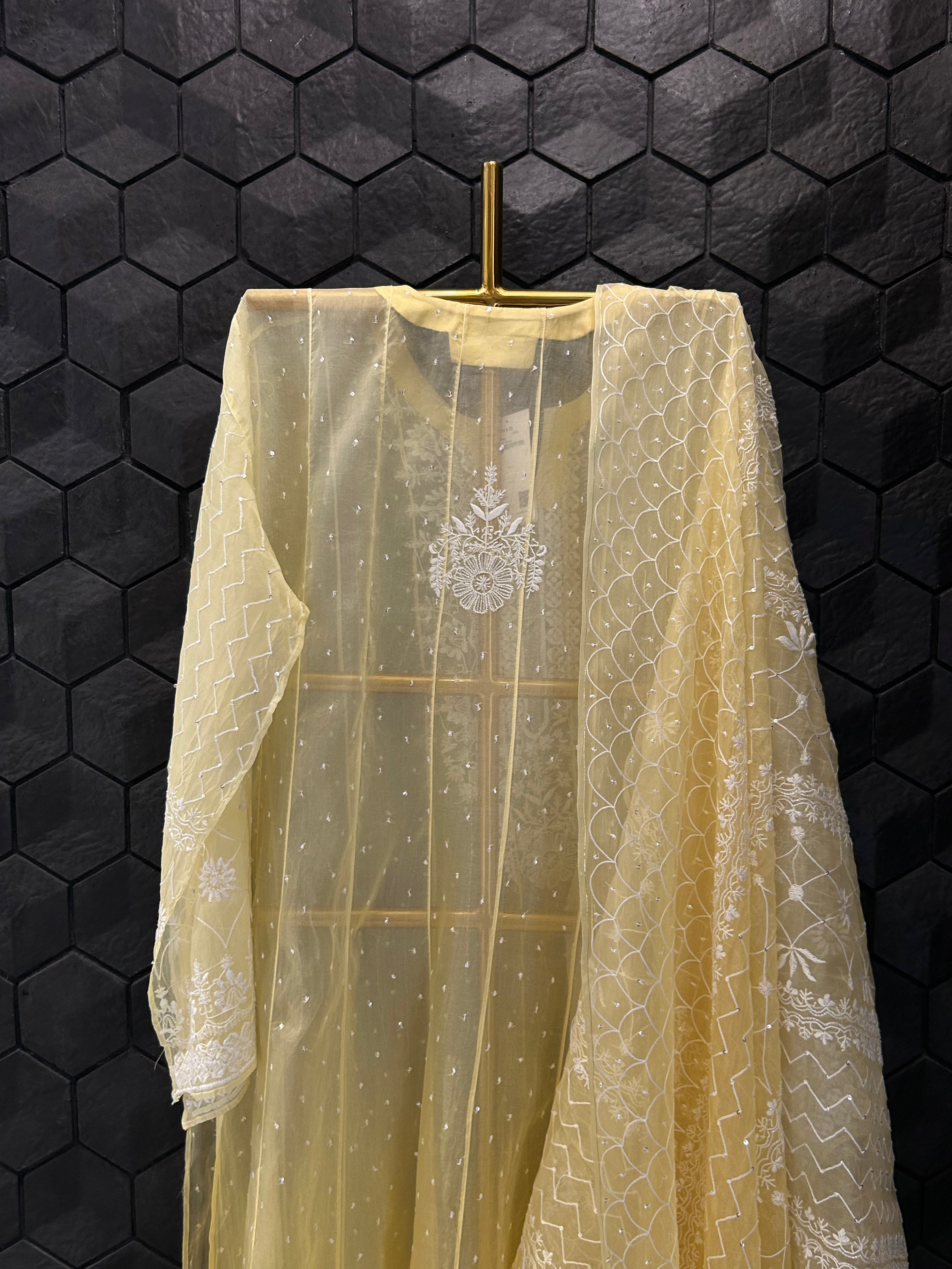 Yellow Organza Chikankari Anarkali Set