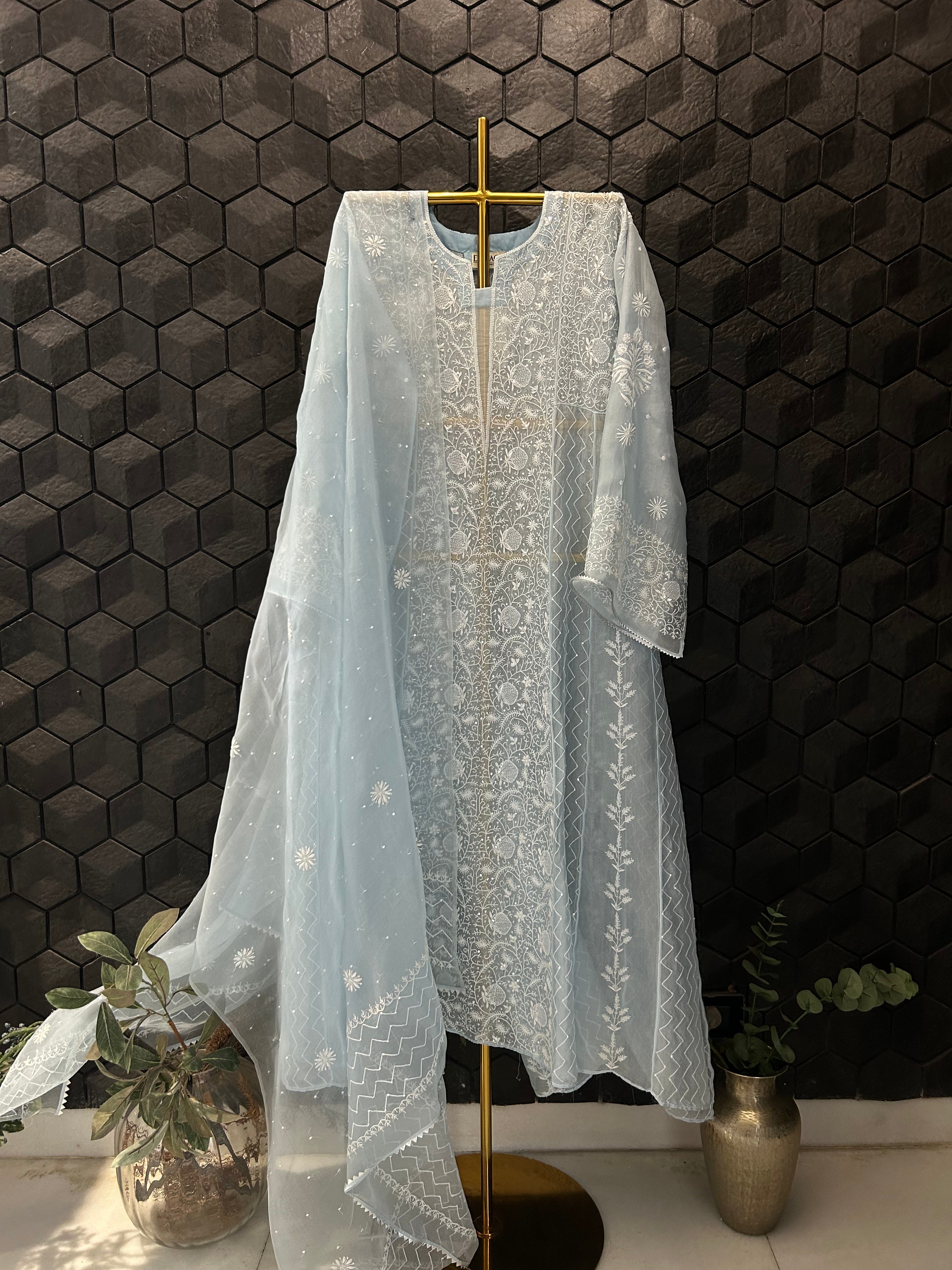 Blue Organza Chikankari Anarkali Set