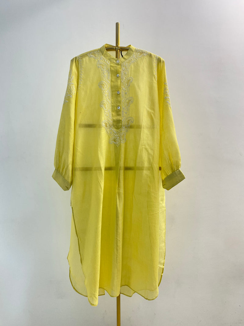 Lime Yellow Chanderi Chikankari Long Kurta