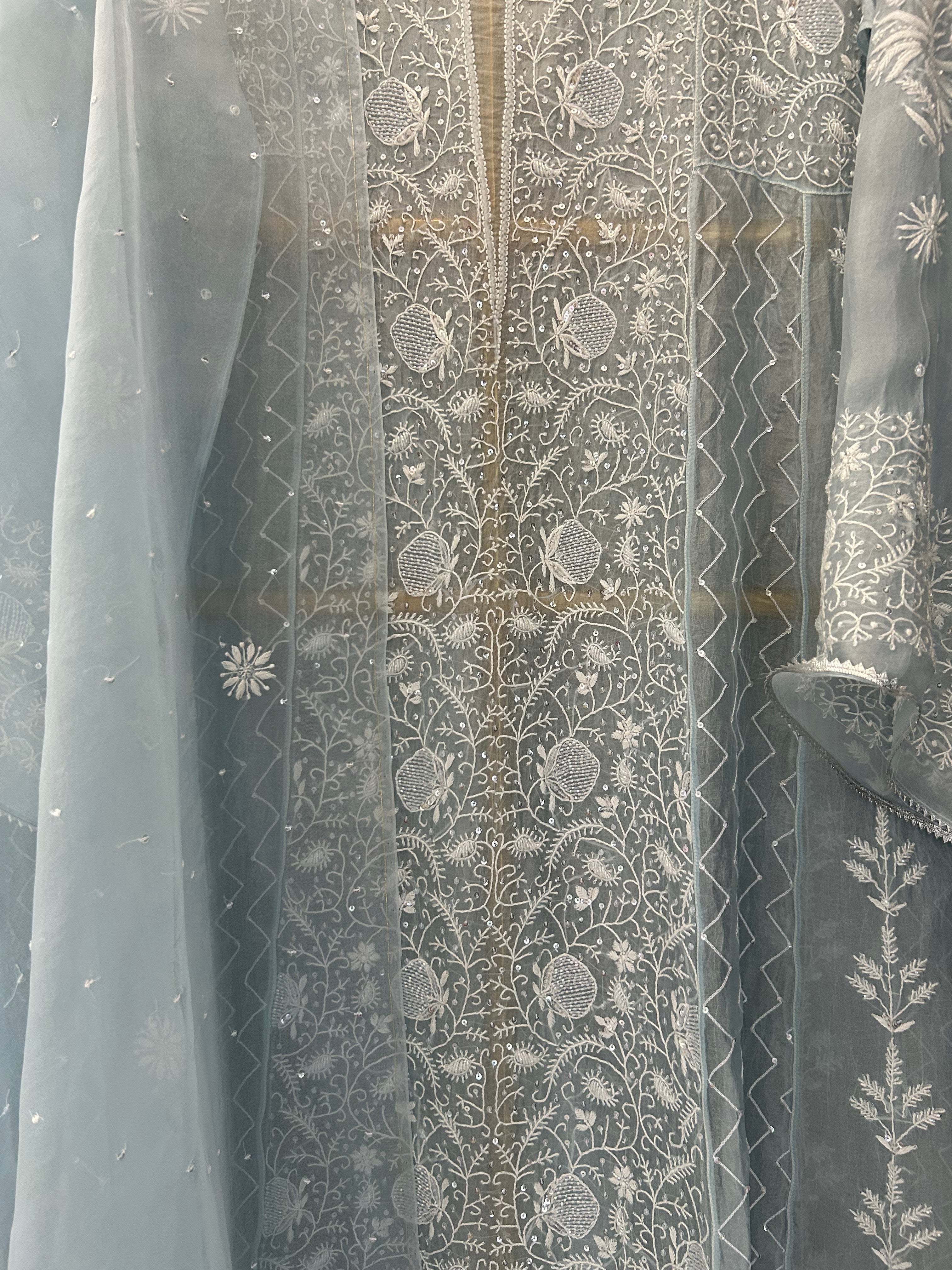 Blue Organza Chikankari Anarkali Set