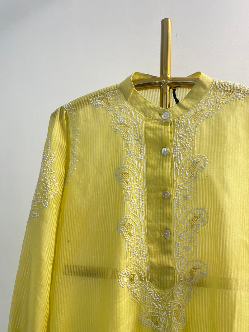Lime Yellow Chanderi Chikankari Long Kurta