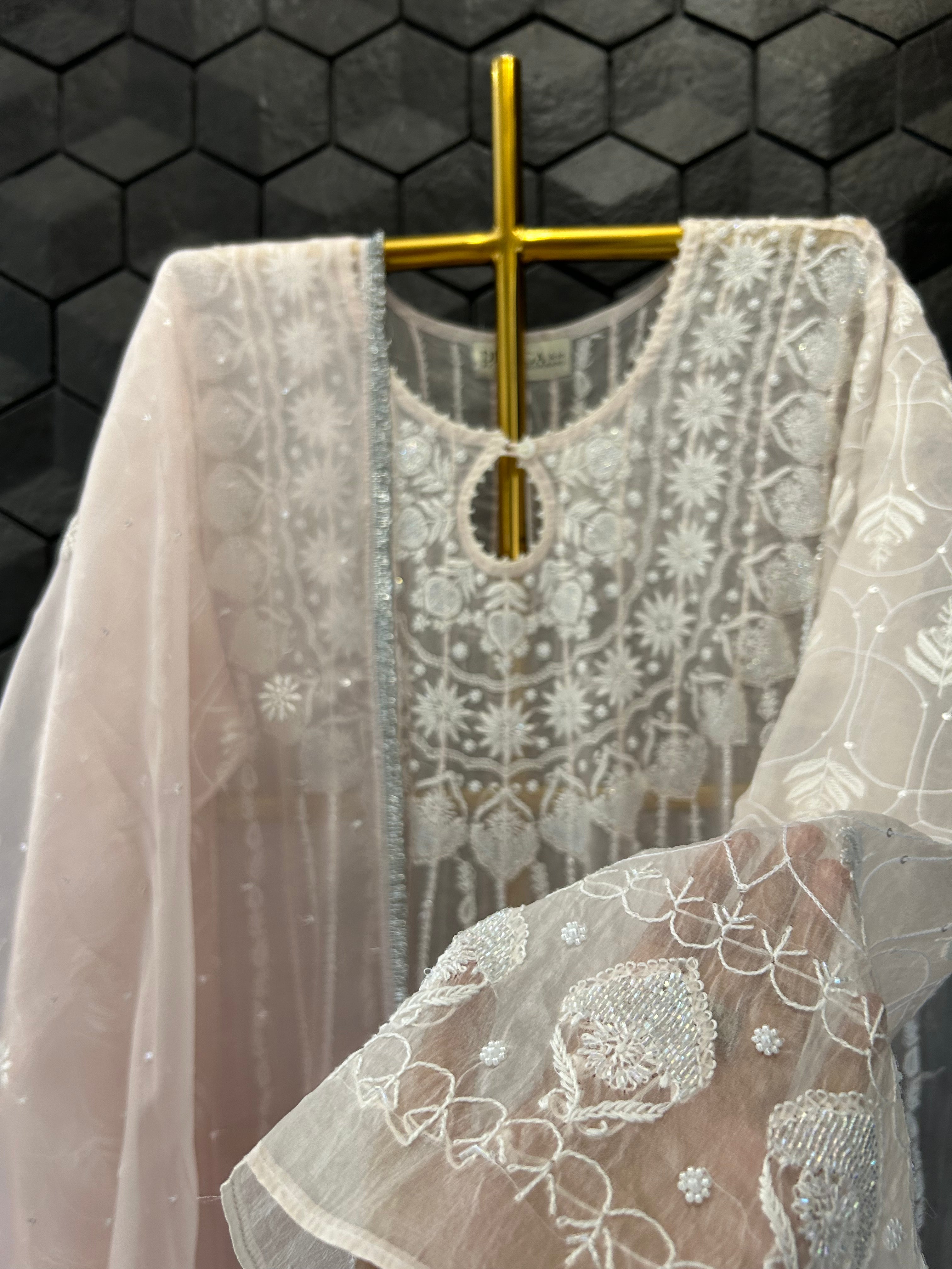 Pink Organza Chikankari Anarkali Set