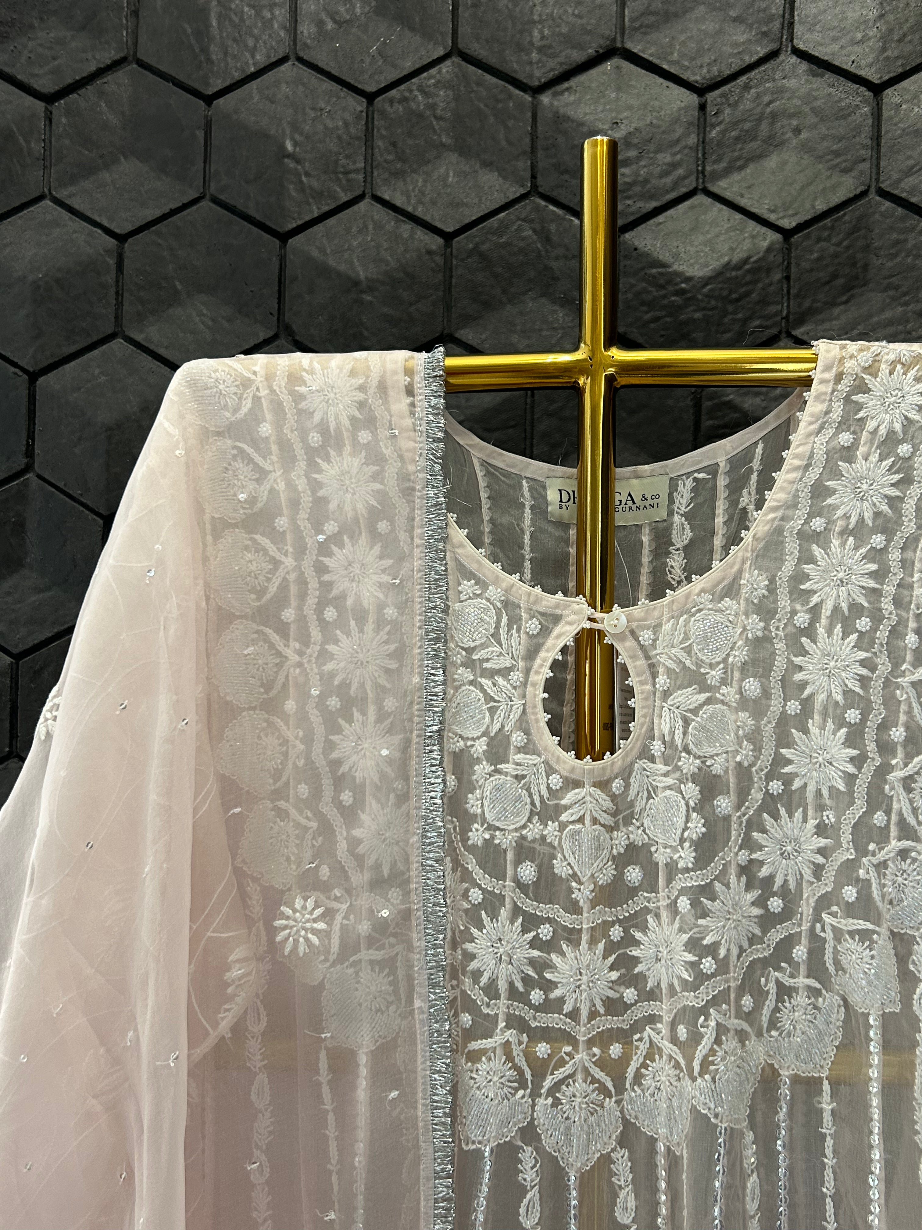 Pink Organza Chikankari Anarkali Set