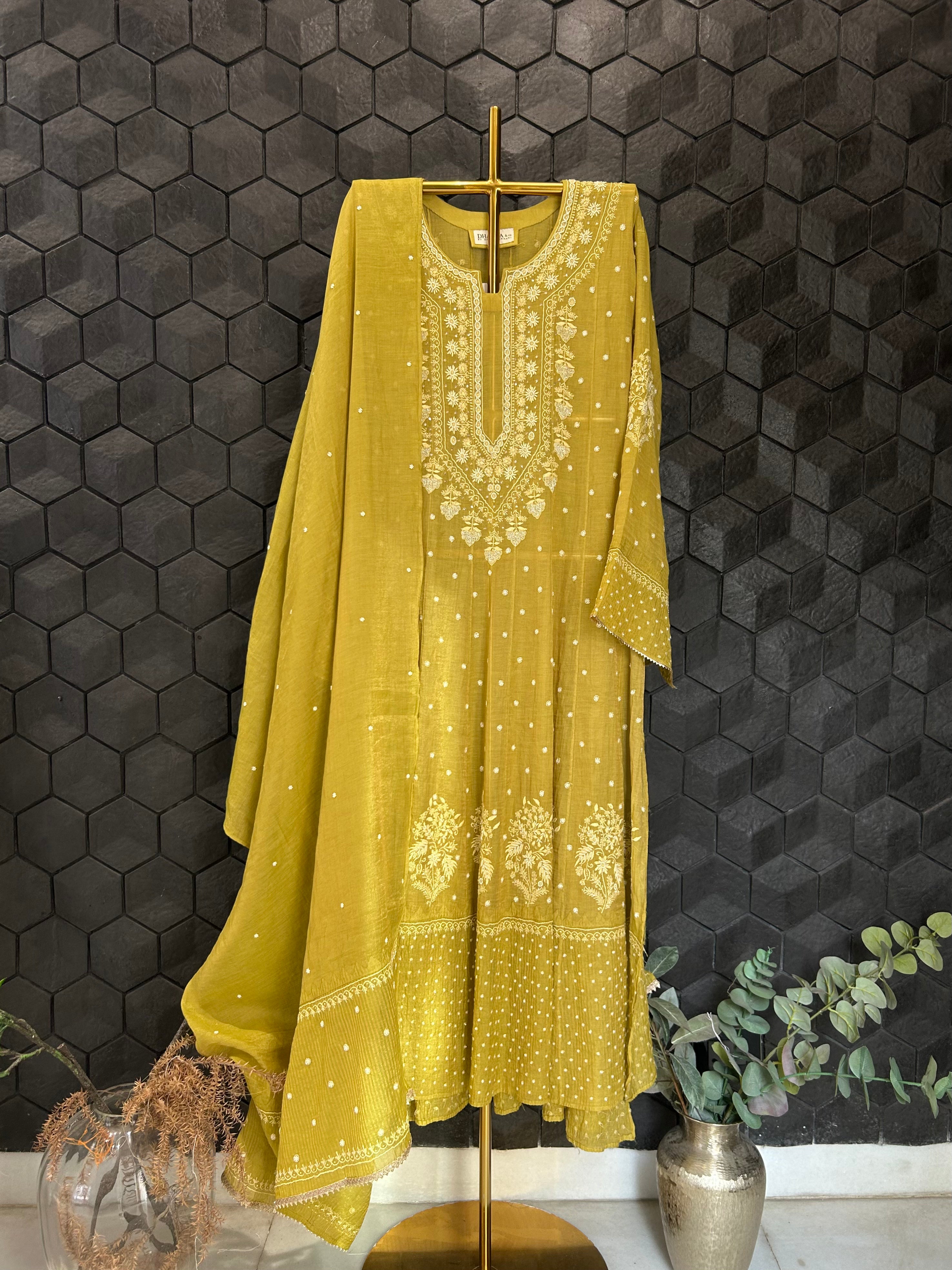 Lime Green Tissue Chikankari Anarkali Set