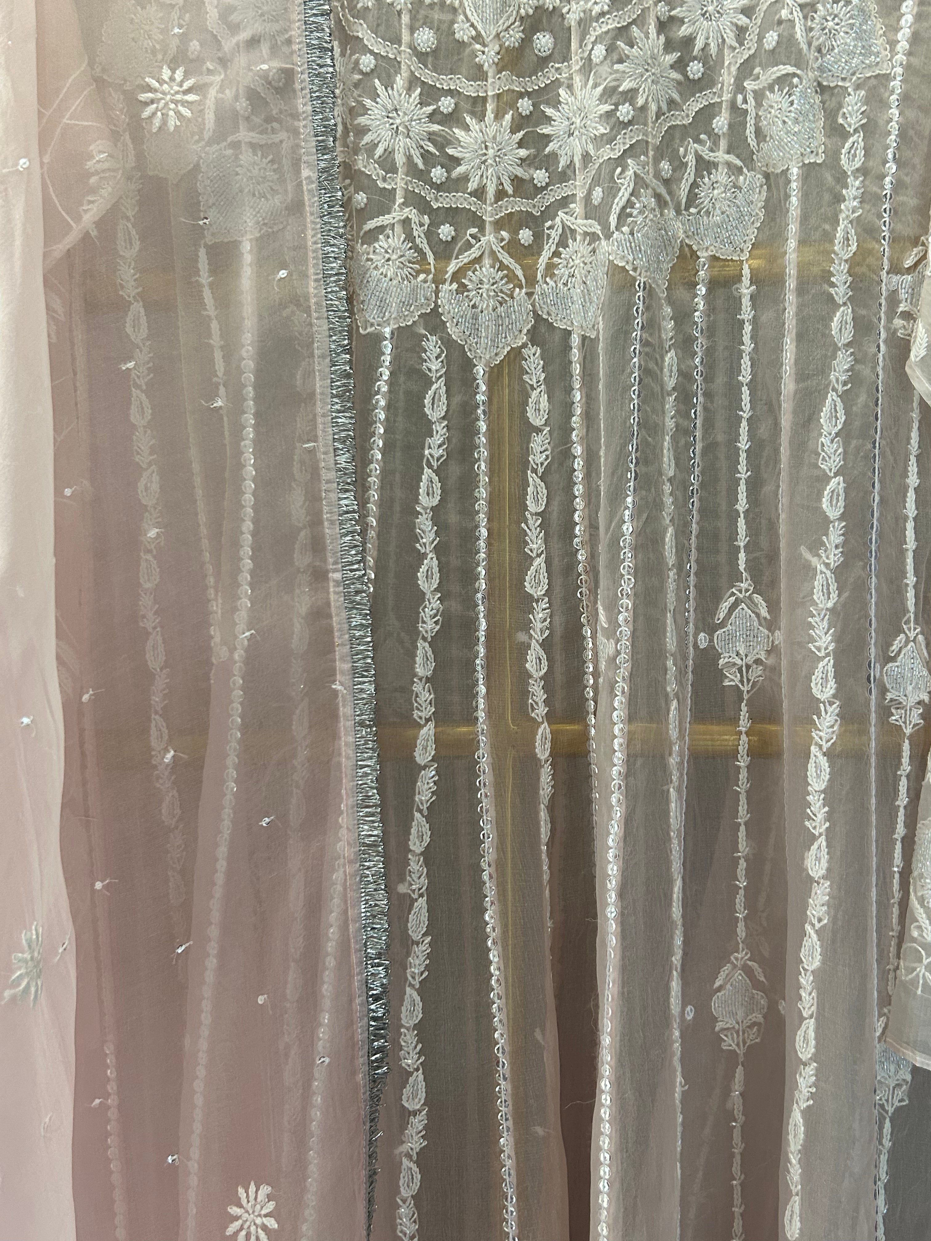Pink Organza Chikankari Anarkali Set