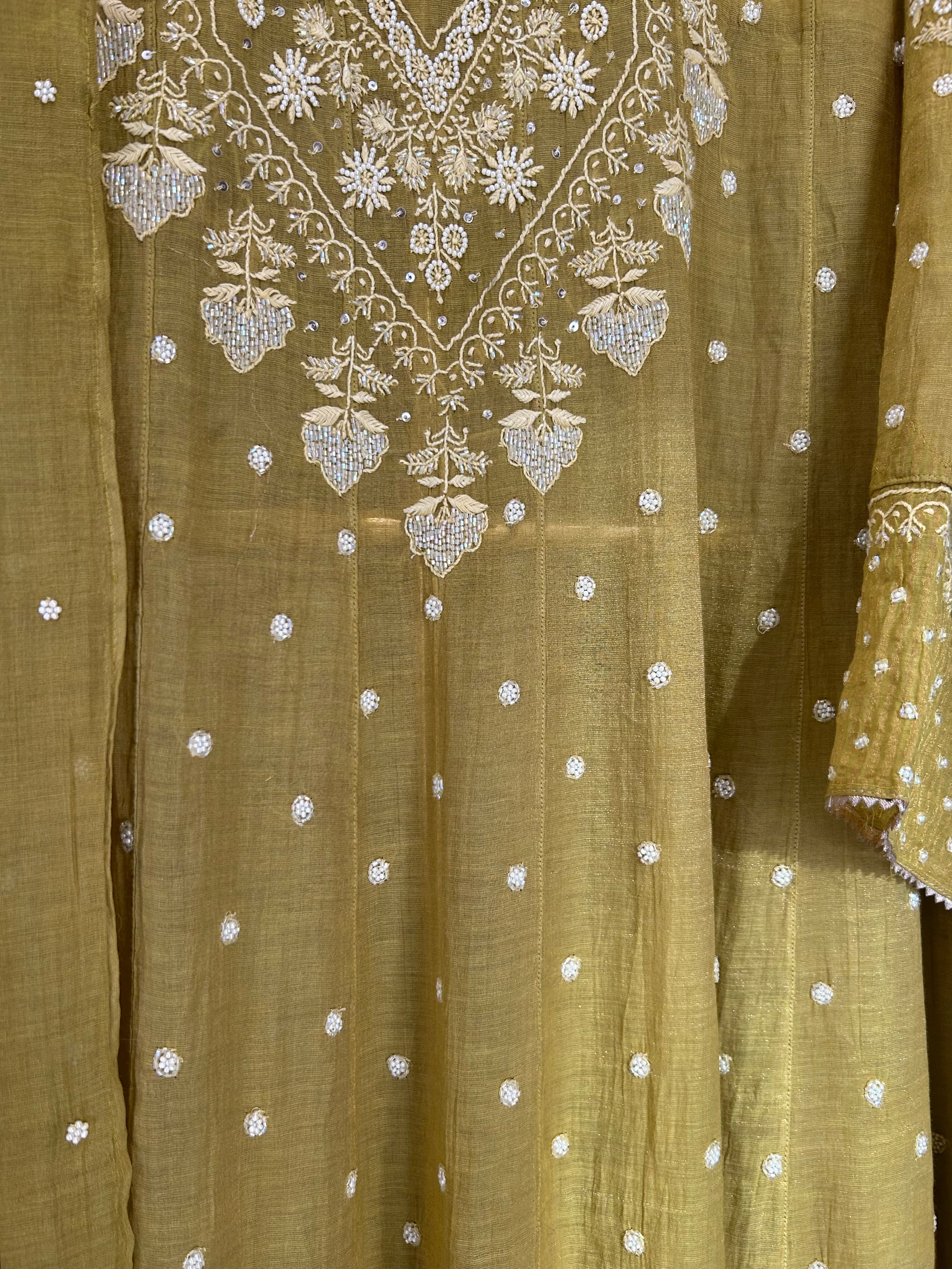 Lime Green Tissue Chikankari Anarkali Set