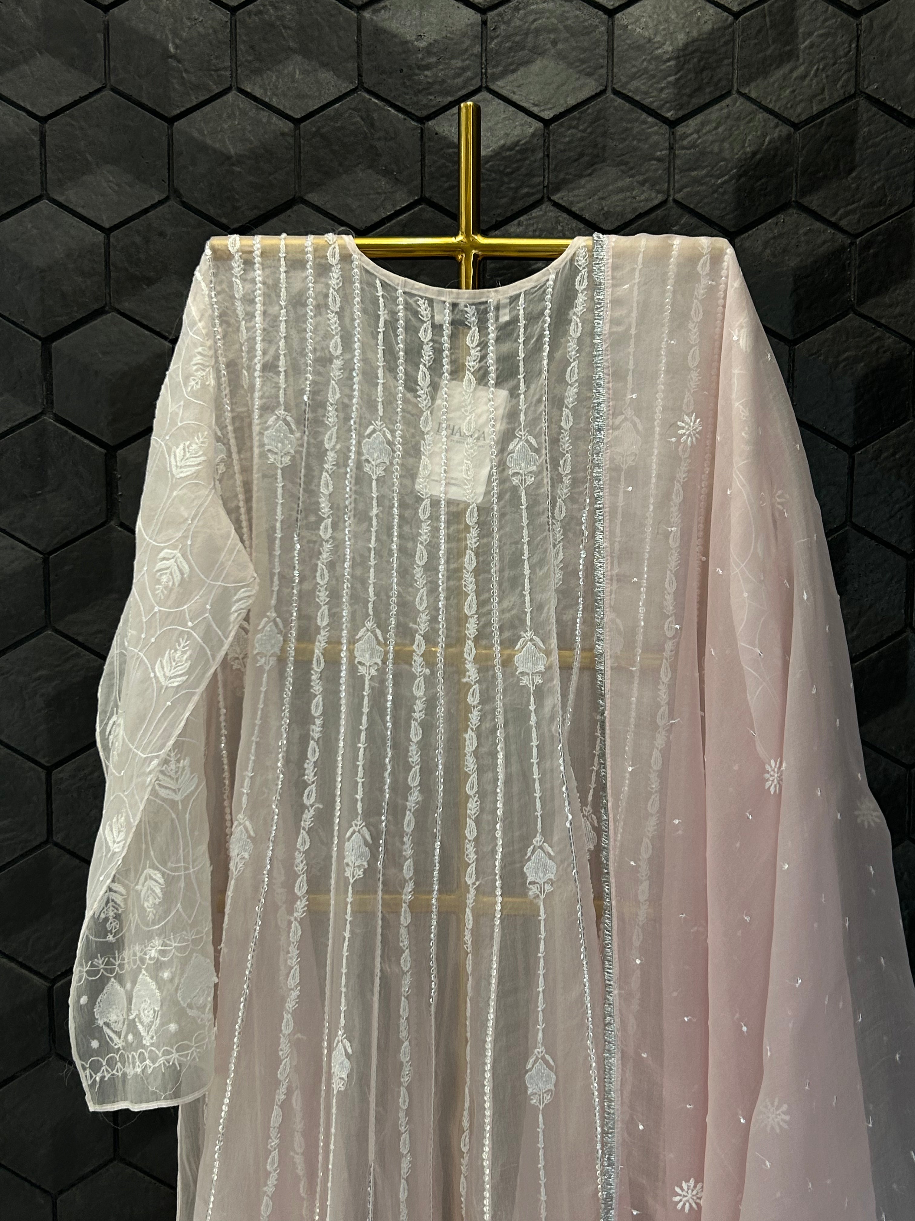 Pink Organza Chikankari Anarkali Set