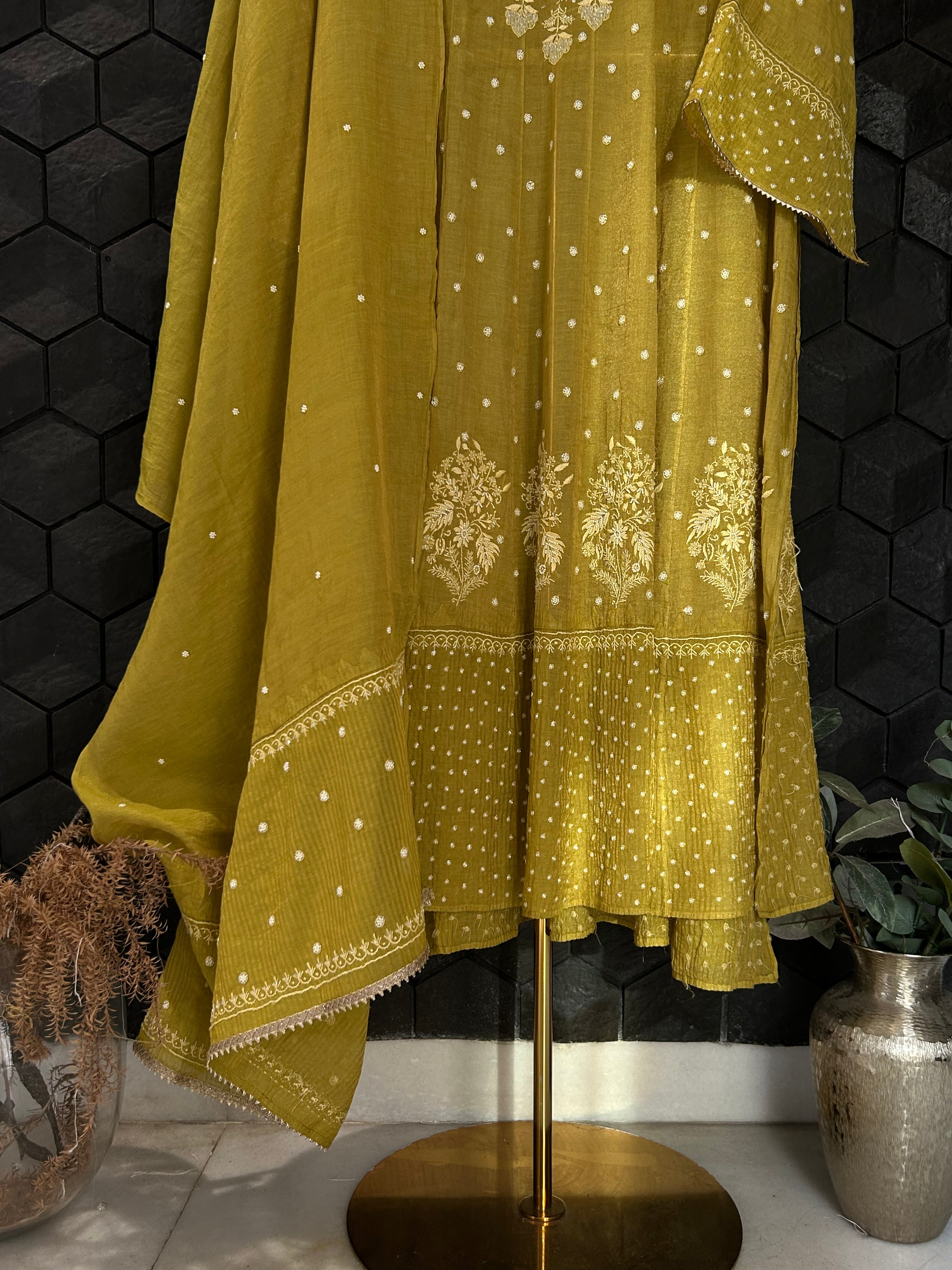 Lime Green Tissue Chikankari Anarkali Set