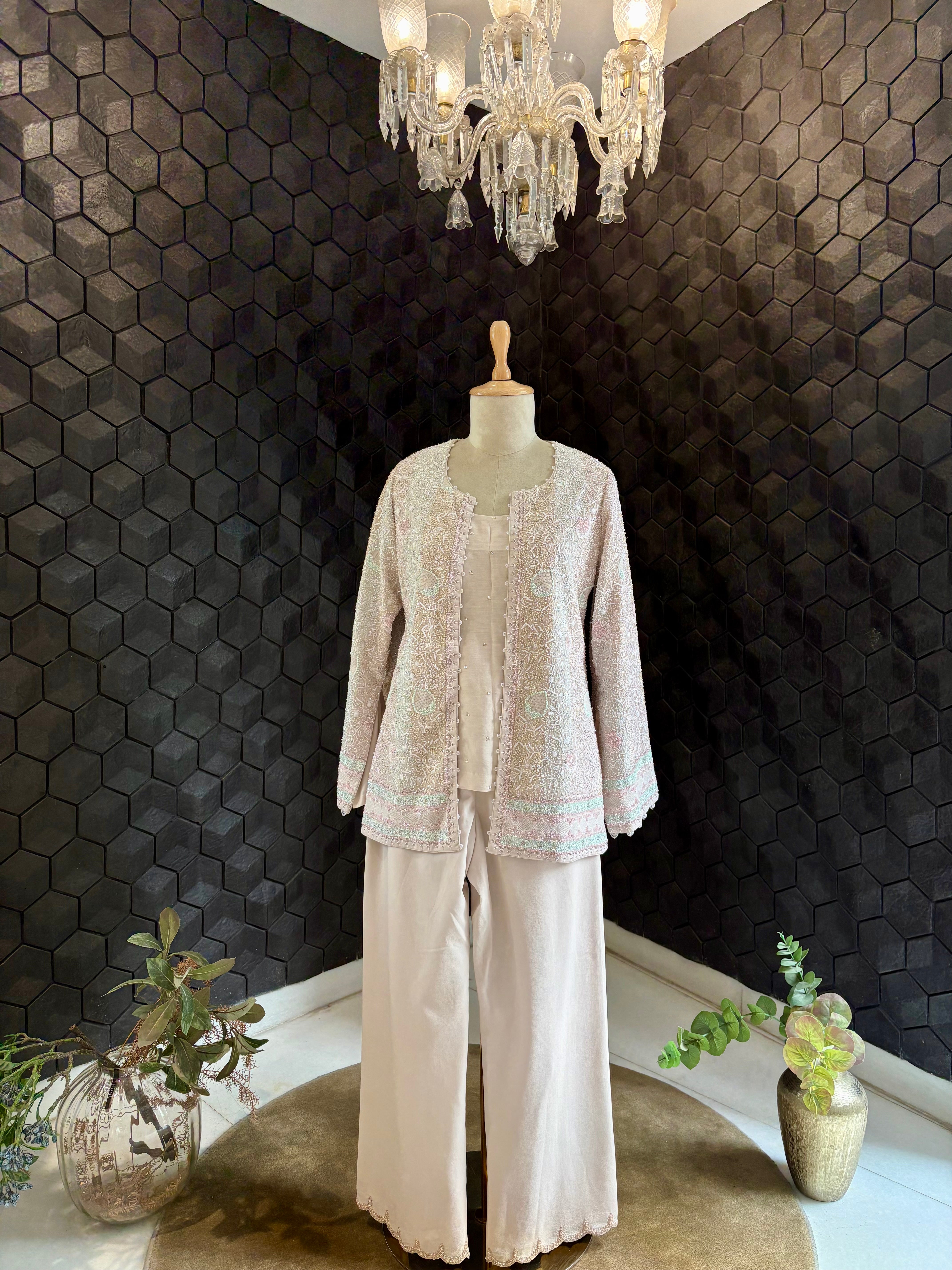 Ivory Georgette Chikankari Gillet Set