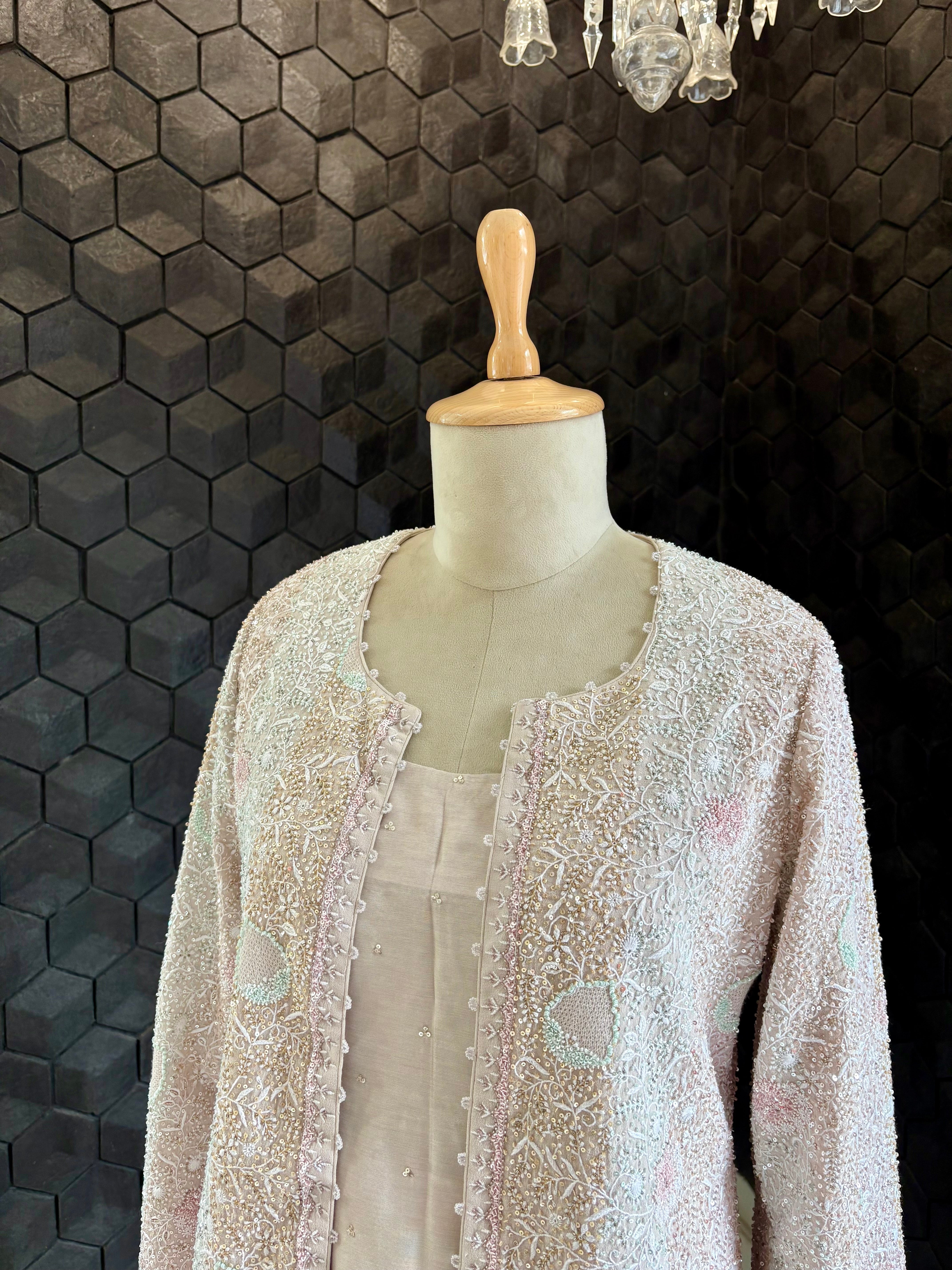 Ivory Georgette Chikankari Gillet Set