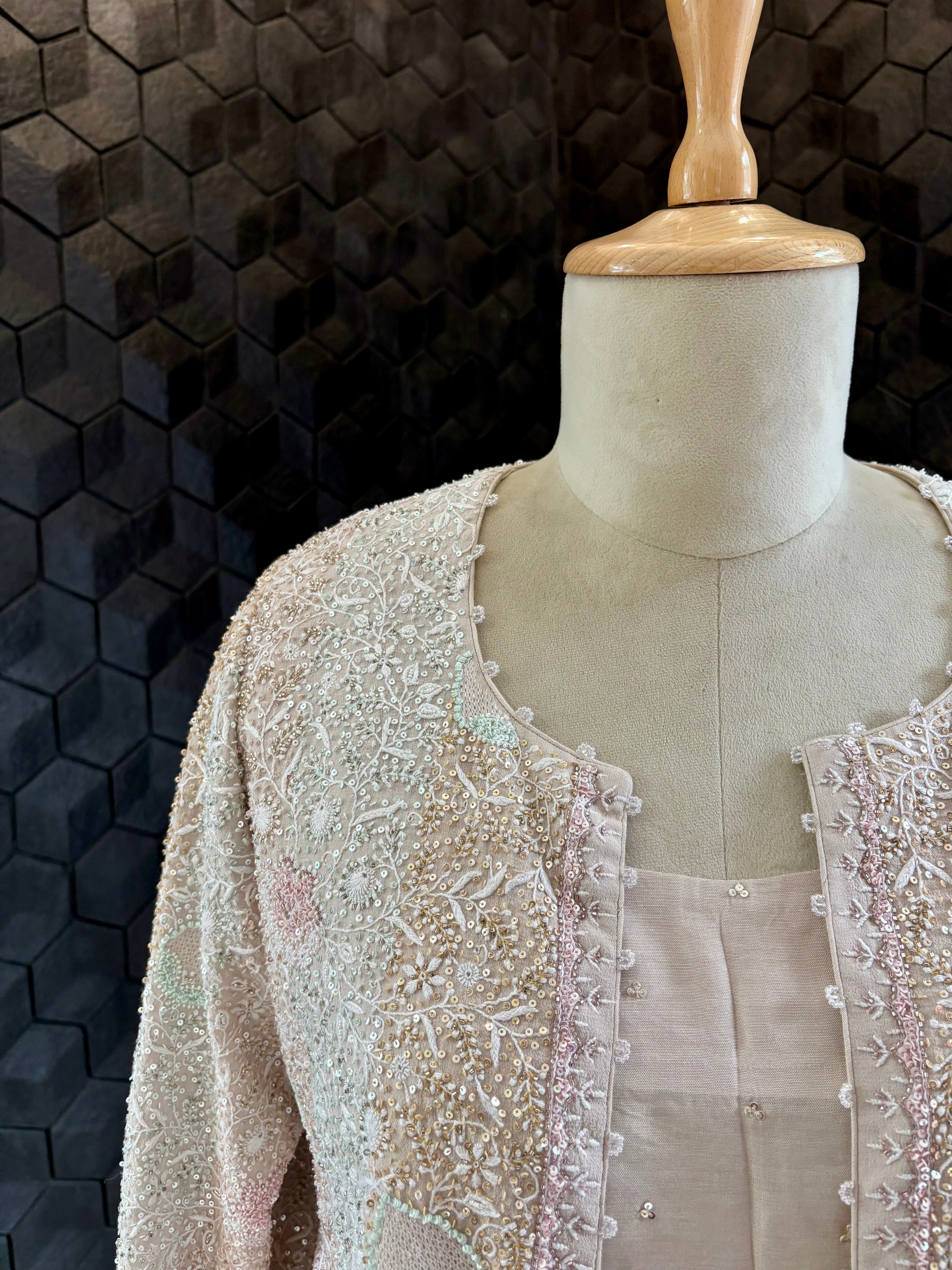 Ivory Georgette Chikankari Gillet Set