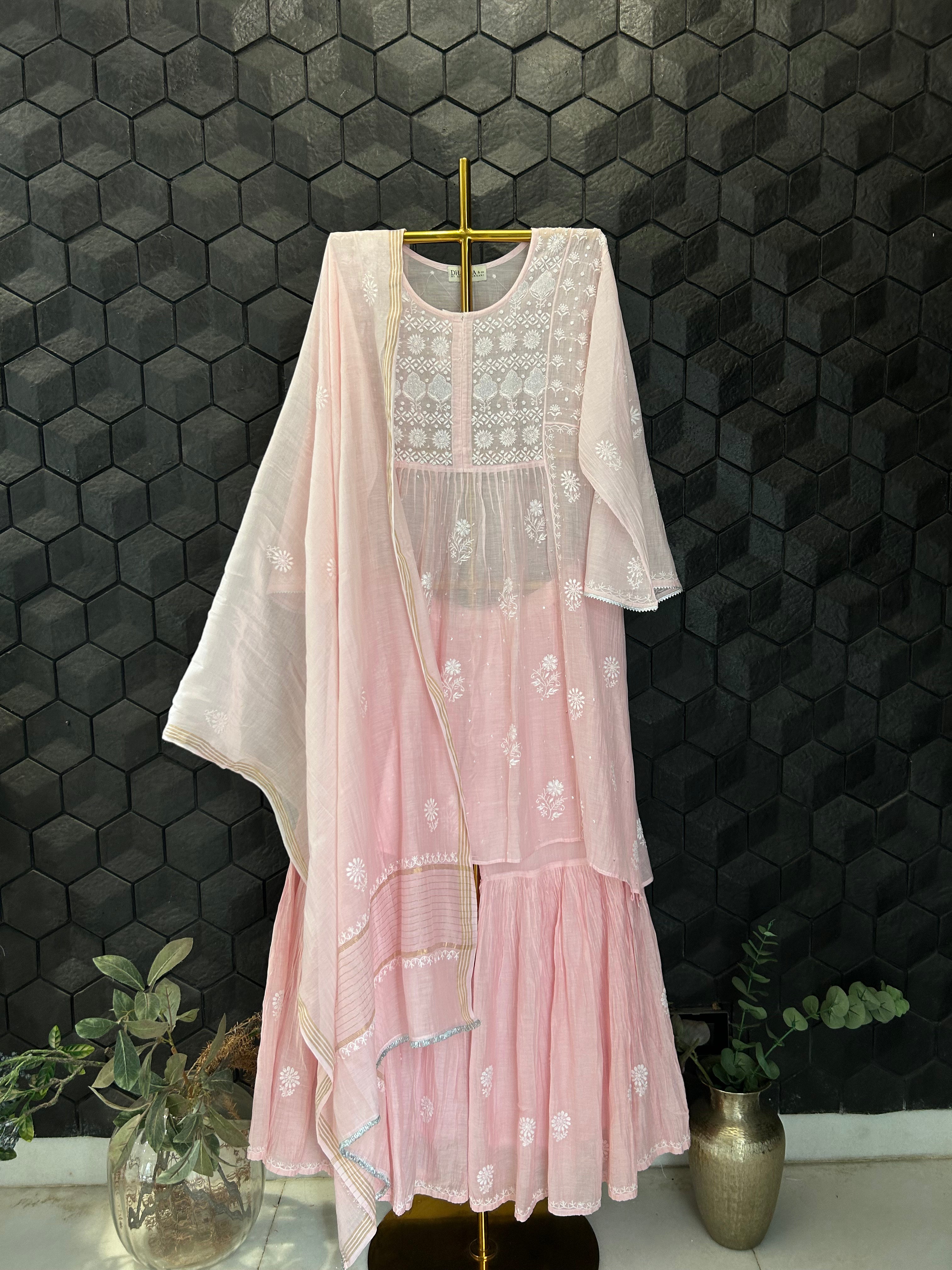 Pink Mul Chanderi Chikankari Sharara Set
