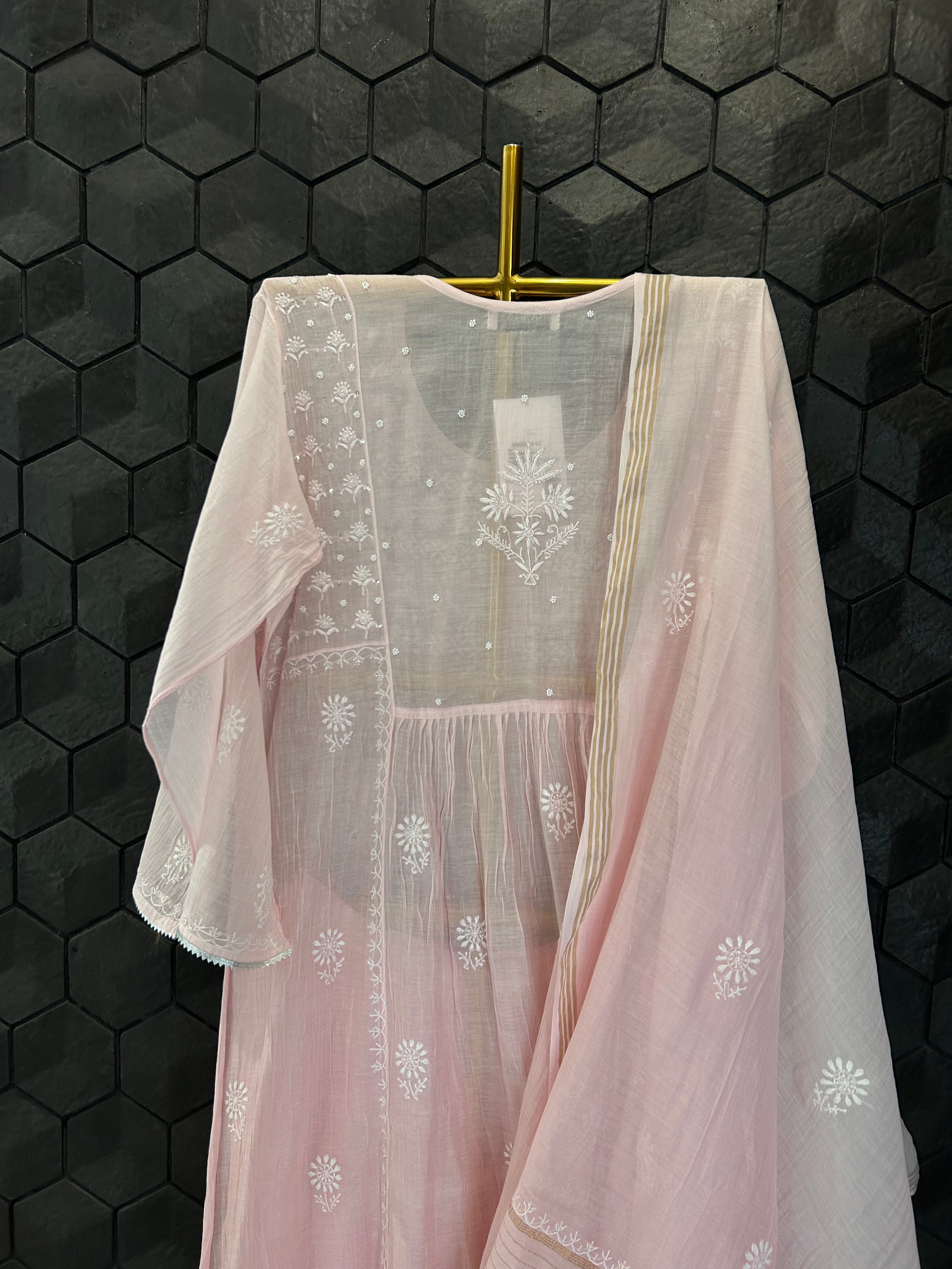 Pink Mul Chanderi Chikankari Sharara Set