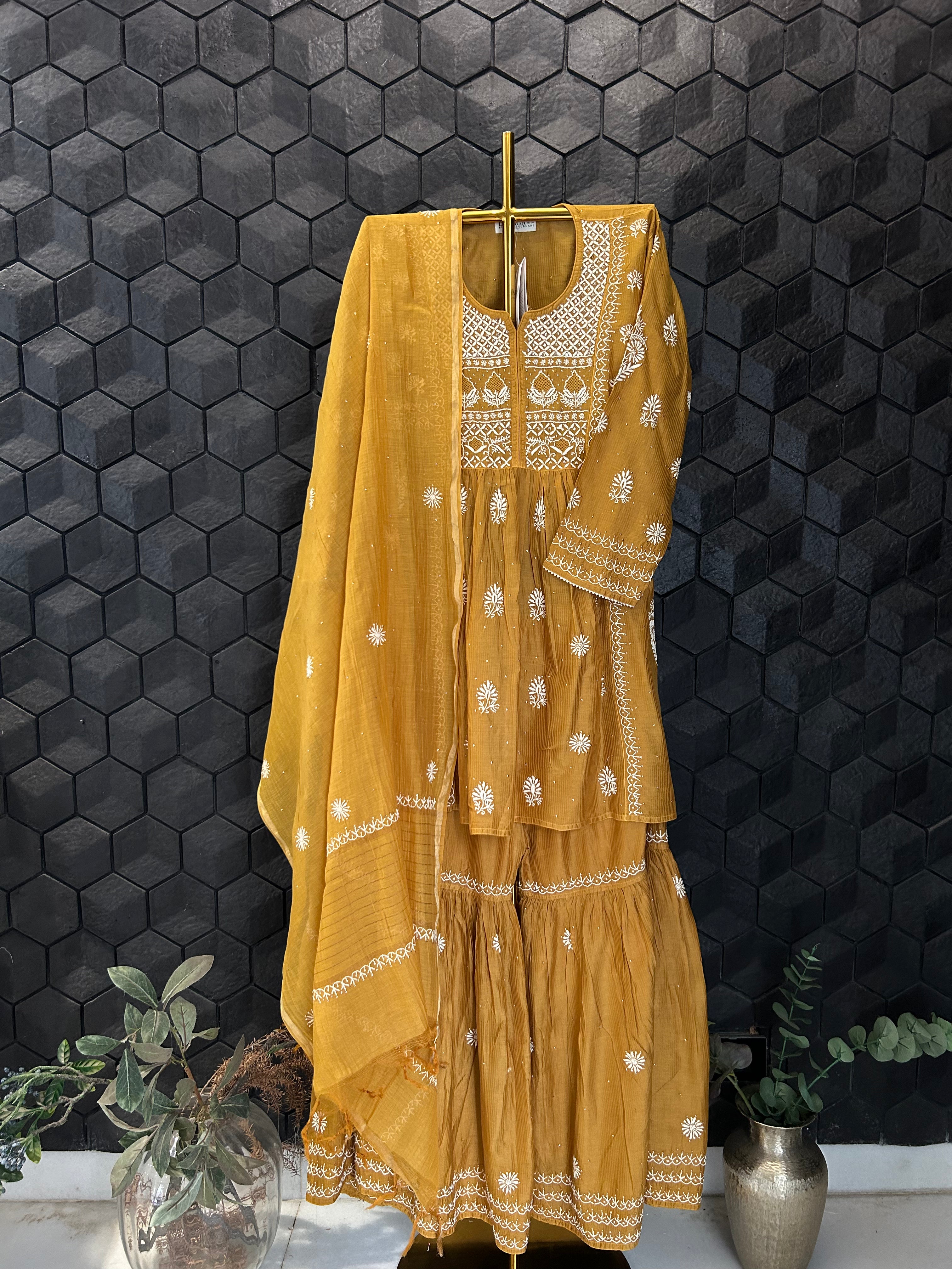 Mustard Mul Chanderi Chikankari Garara Set