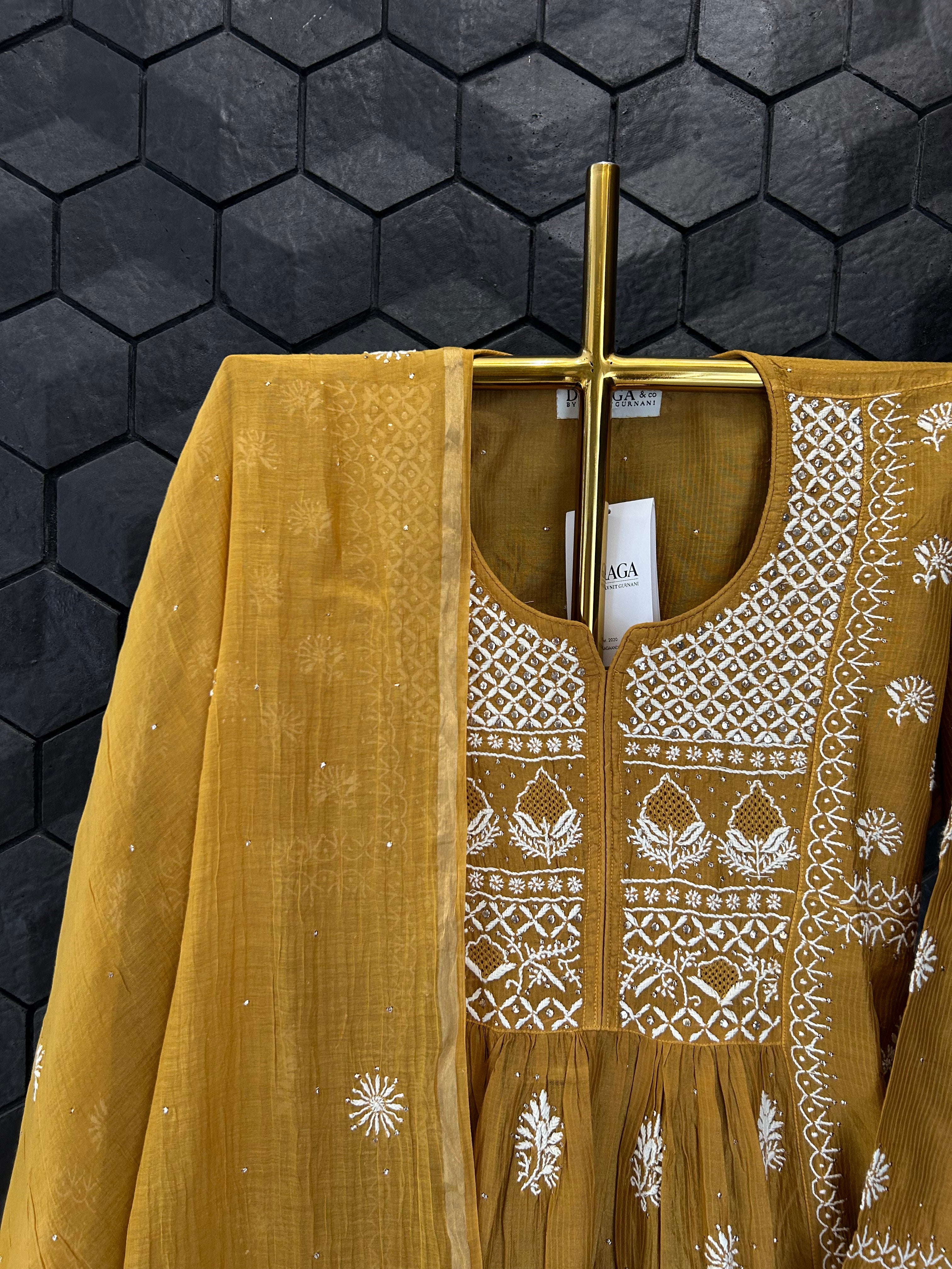 Mustard Mul Chanderi Chikankari Garara Set