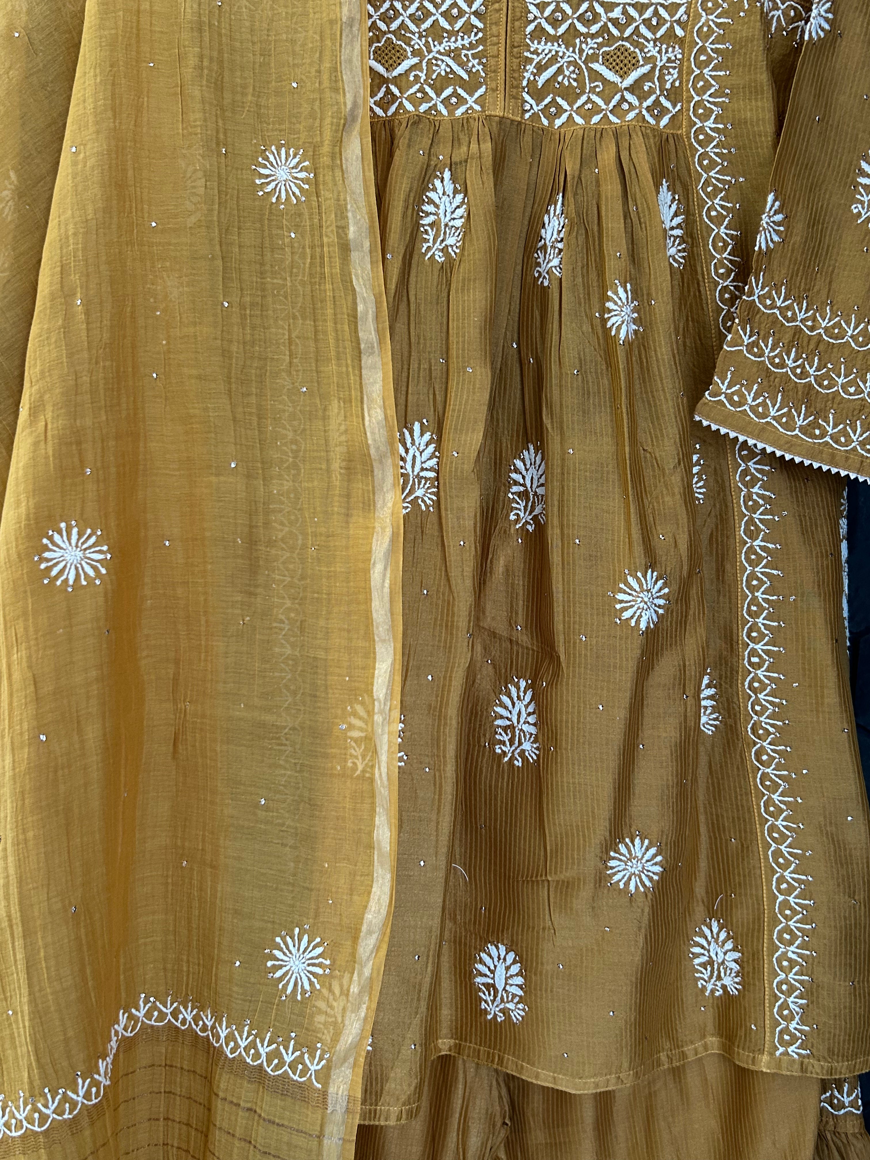 Mustard Mul Chanderi Chikankari Garara Set