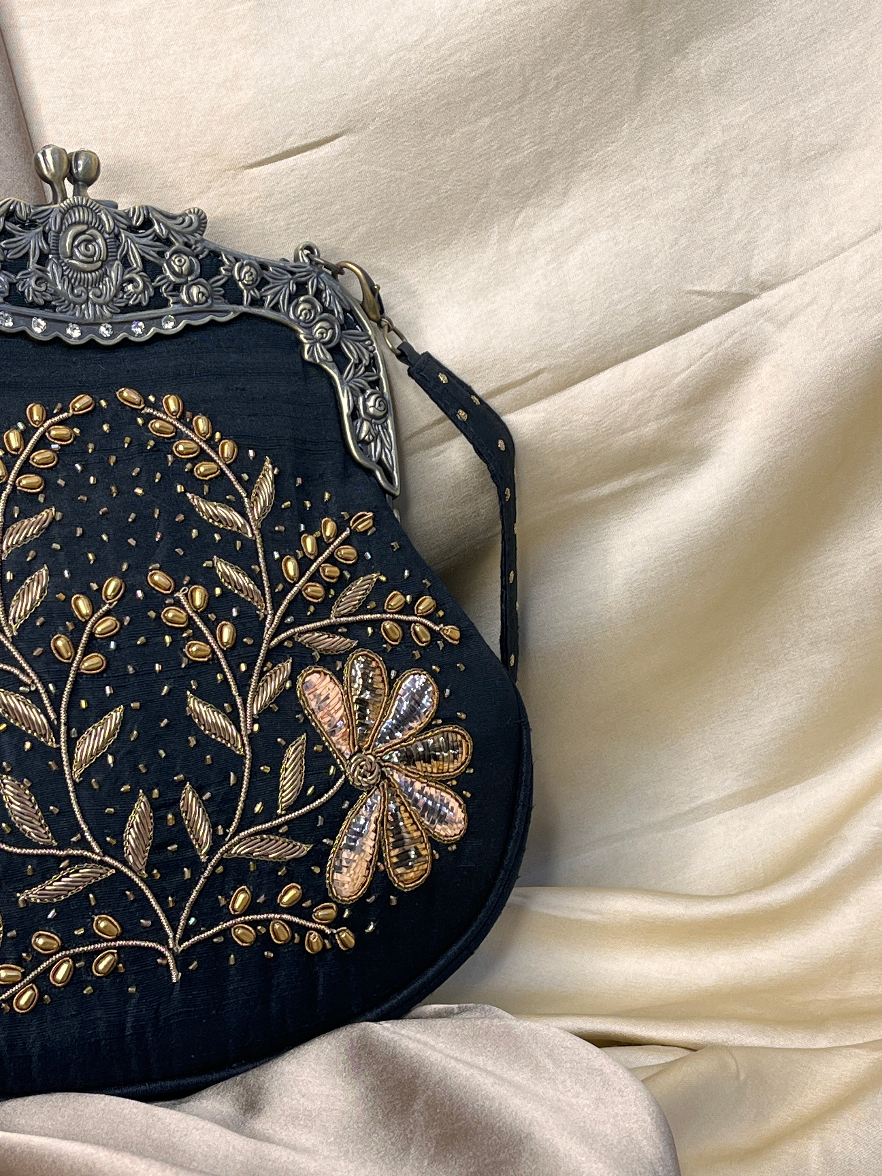 Black Chikankari and Zardozi Potli Bag