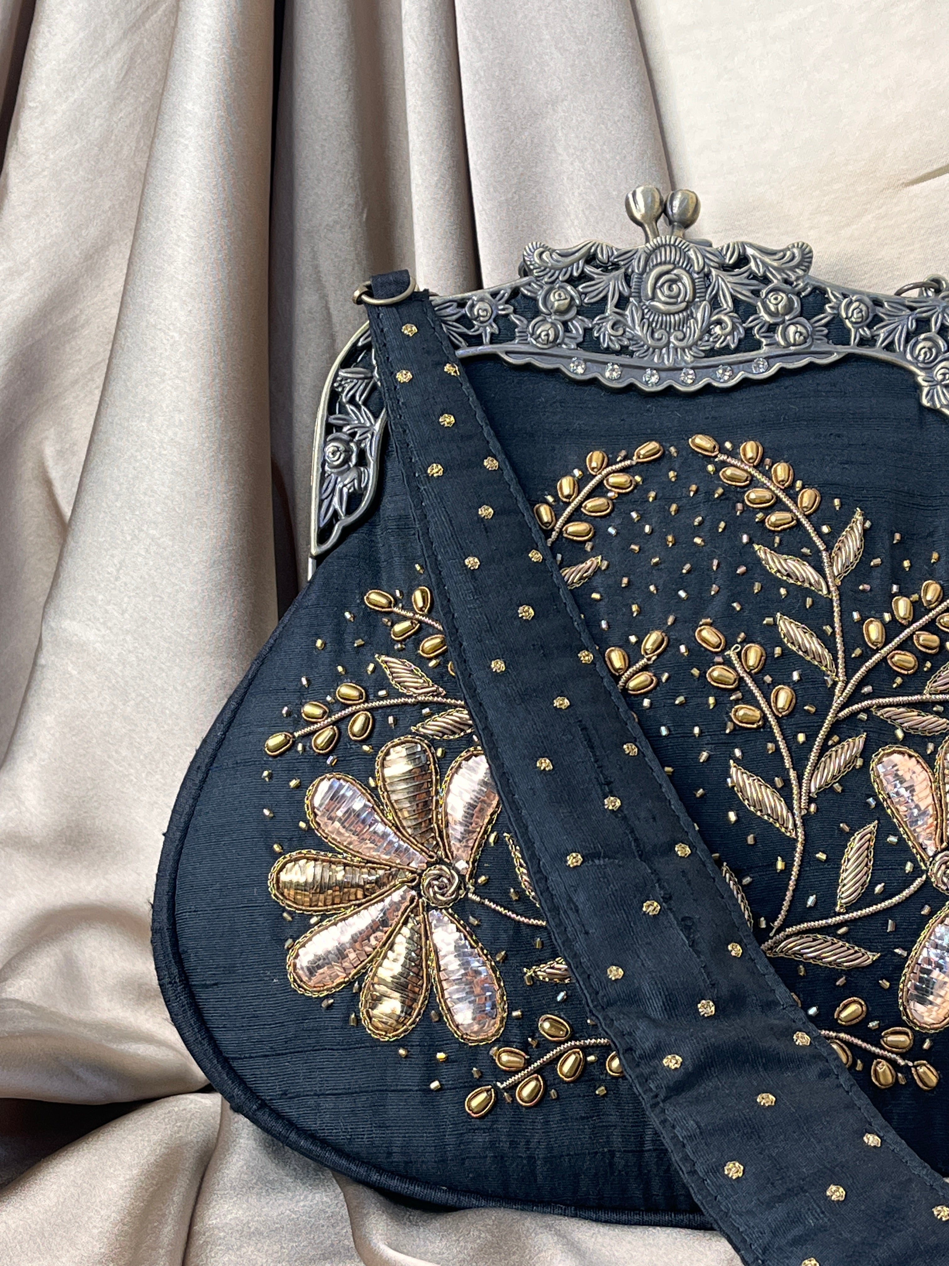 Black Chikankari and Zardozi Potli Bag