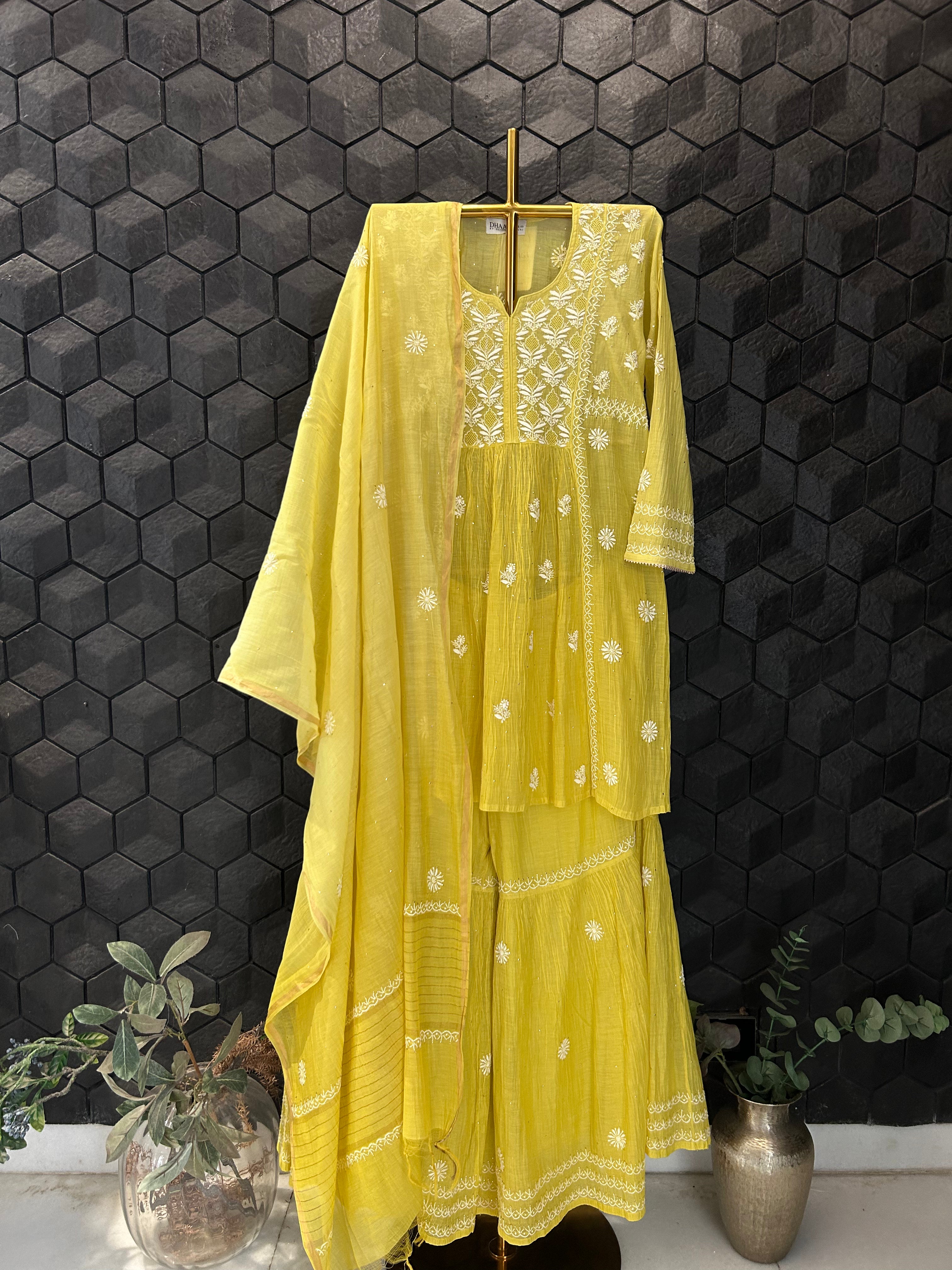 Green Mul Chanderi Chikankari Garara Set