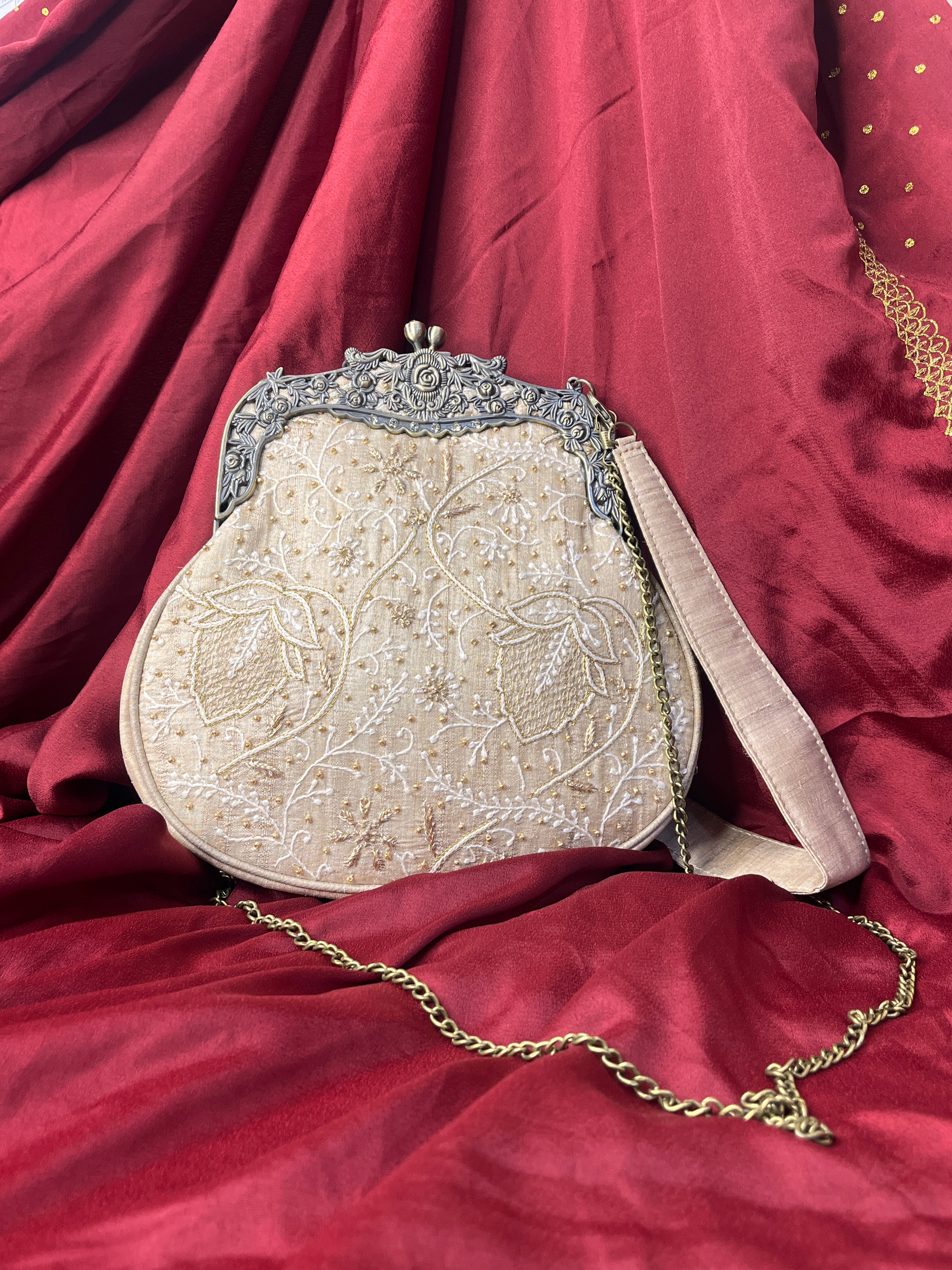 Beige Chikankari & Zardozi Potli