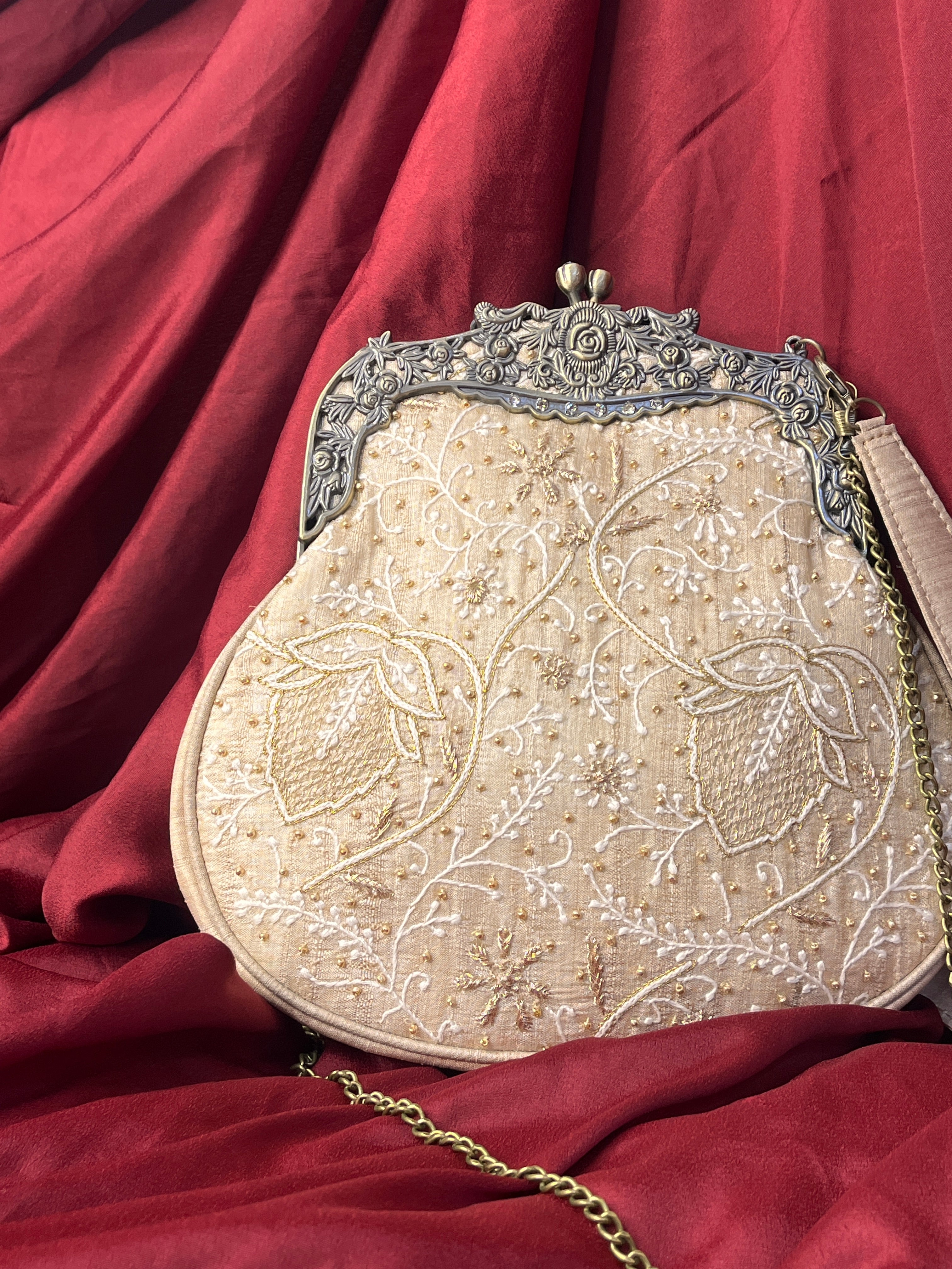 Beige Chikankari & Zardozi Potli