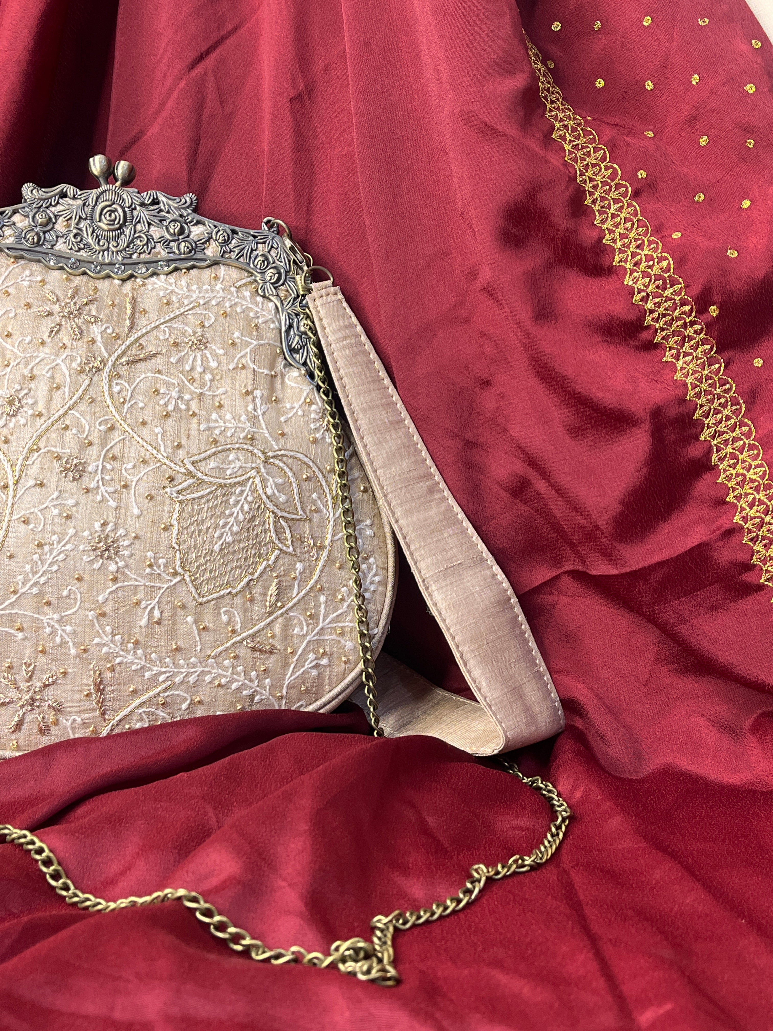 Beige Chikankari & Zardozi Potli