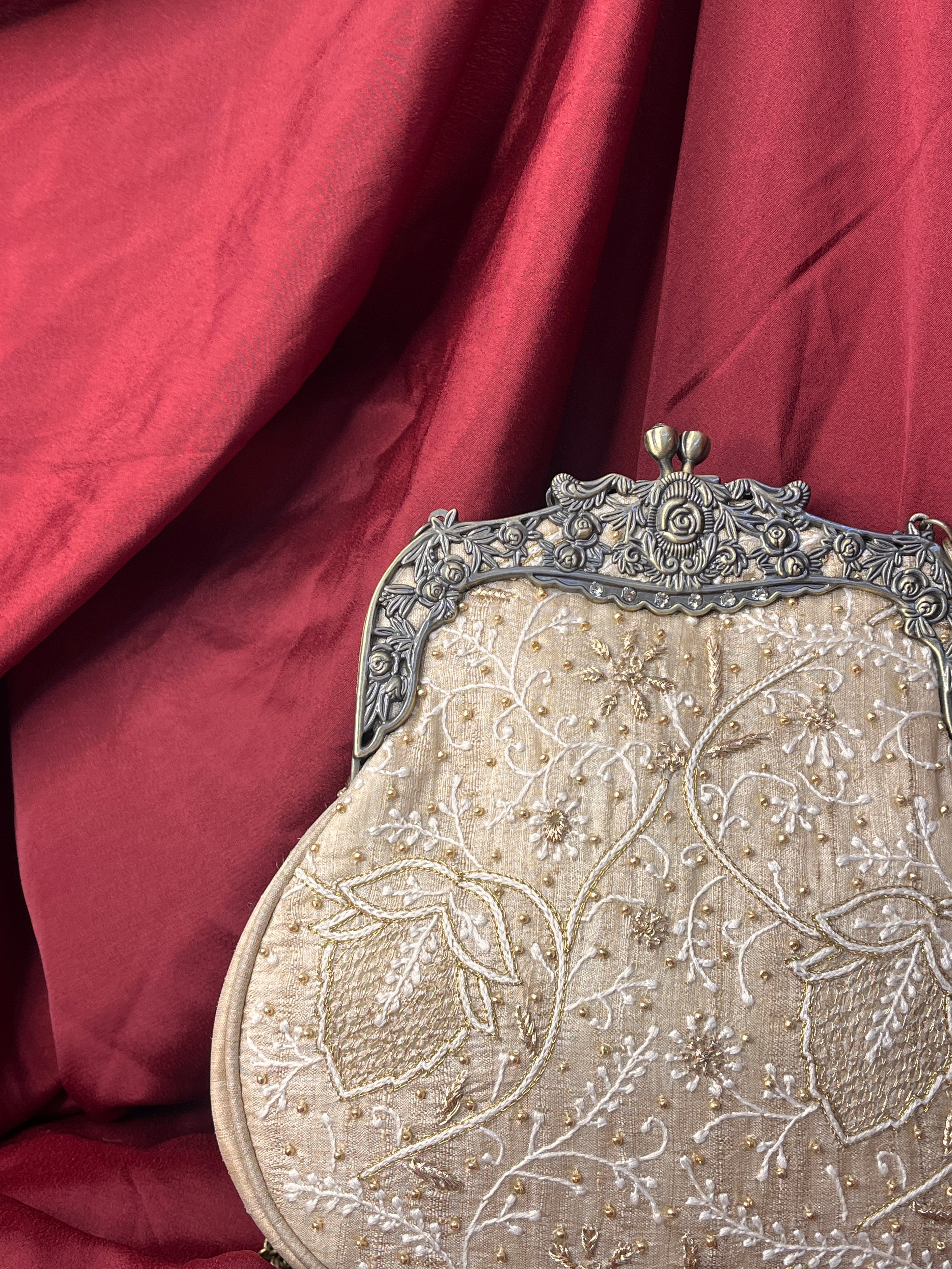 Beige Chikankari & Zardozi Potli