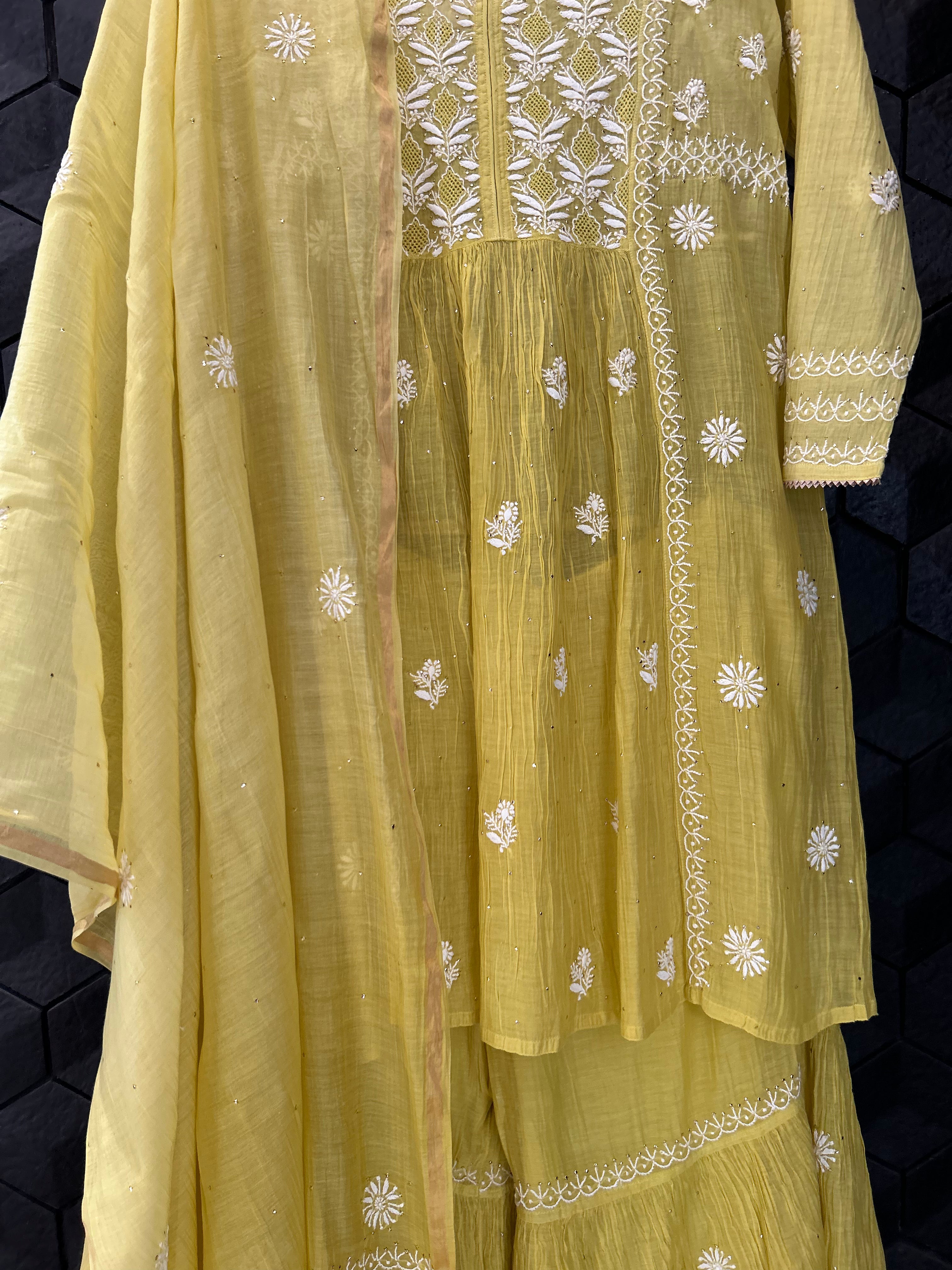Green Mul Chanderi Chikankari Garara Set